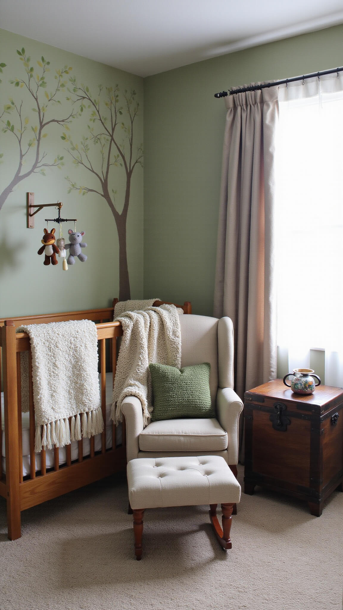 Woodland-themed nursery with sage green accent wall, tree mural, pine crib, vintage trunk toy storage, and forest-toned decor in soft natural light.