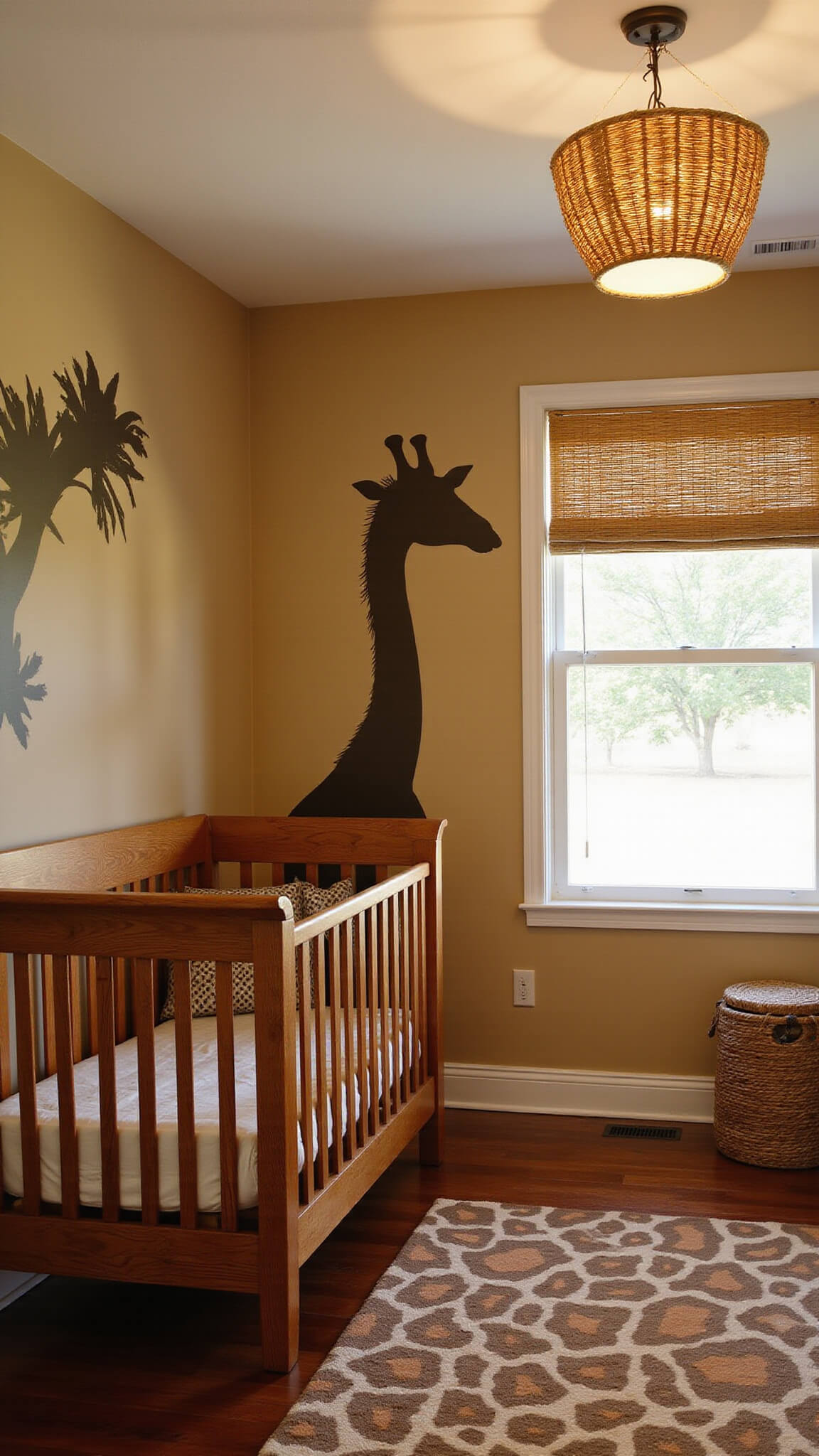 Safari-themed nursery with oversized giraffe wall decal, teak crib, woven storage baskets, animal print rug, and pendant lamp casting geometric shadows in warm afternoon light.