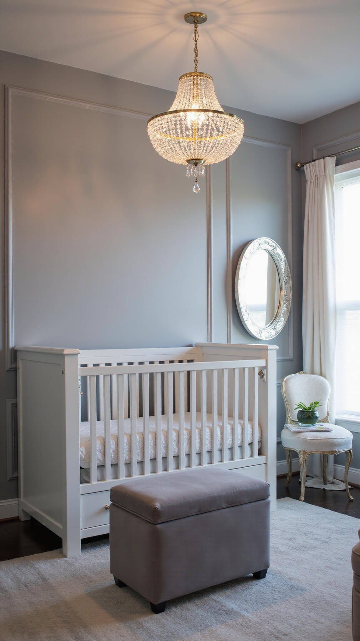 Elegant modern nursery with pearl gray walls, crystal chandelier, white lacquered crib, velvet ottoman, silk drapes, and mirrored accents, softly lit during blue hour.