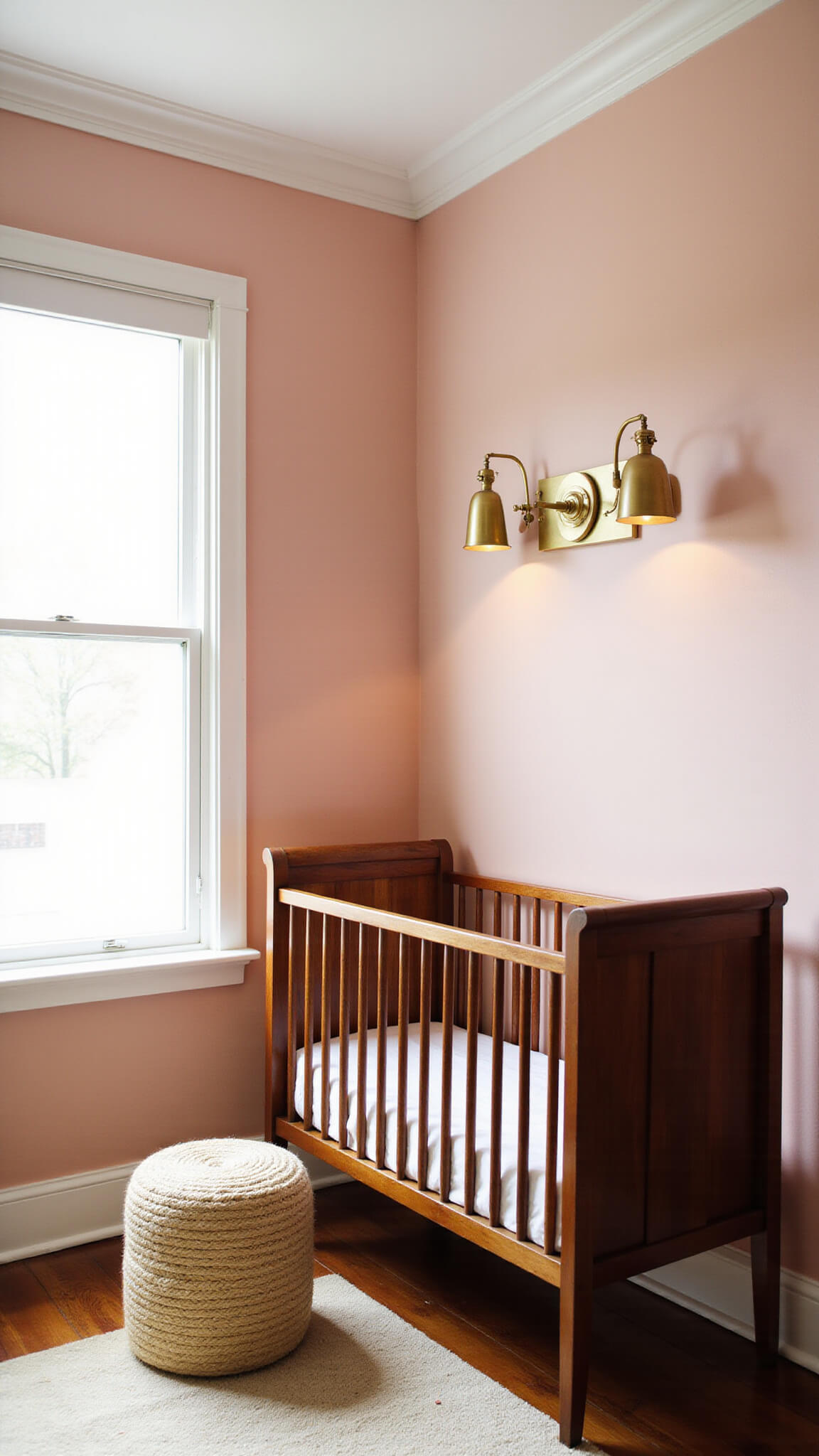 Vintage-modern nursery with blush pink walls, white chair rail, walnut mid-century crib, antique brass lighting, and warm late afternoon glow.