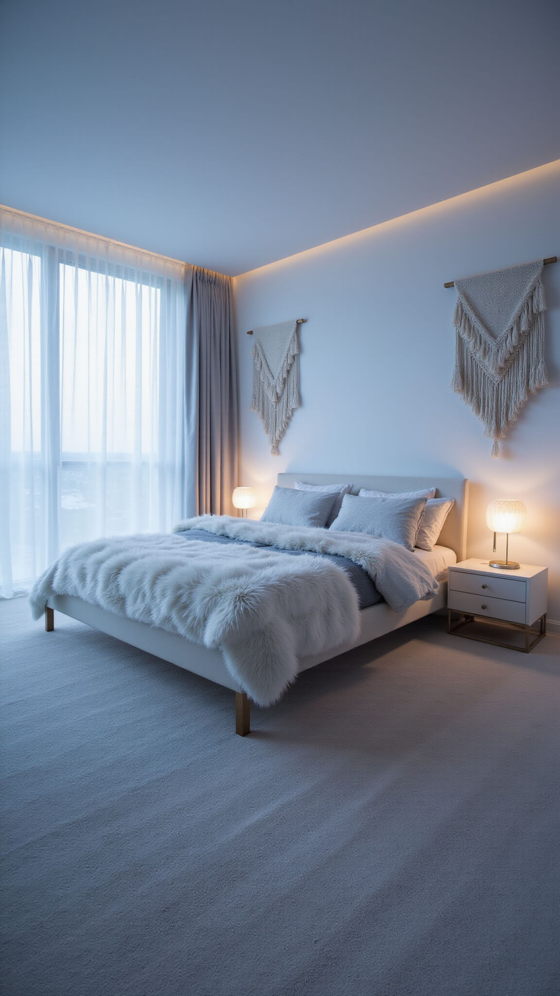 Low-angle view of a serene 14x16ft bedroom in twilight, featuring a white and silver palette, platform bed with faux fur throws, billowing curtains, minimalist bleached wood furniture, and textured wall hangings.