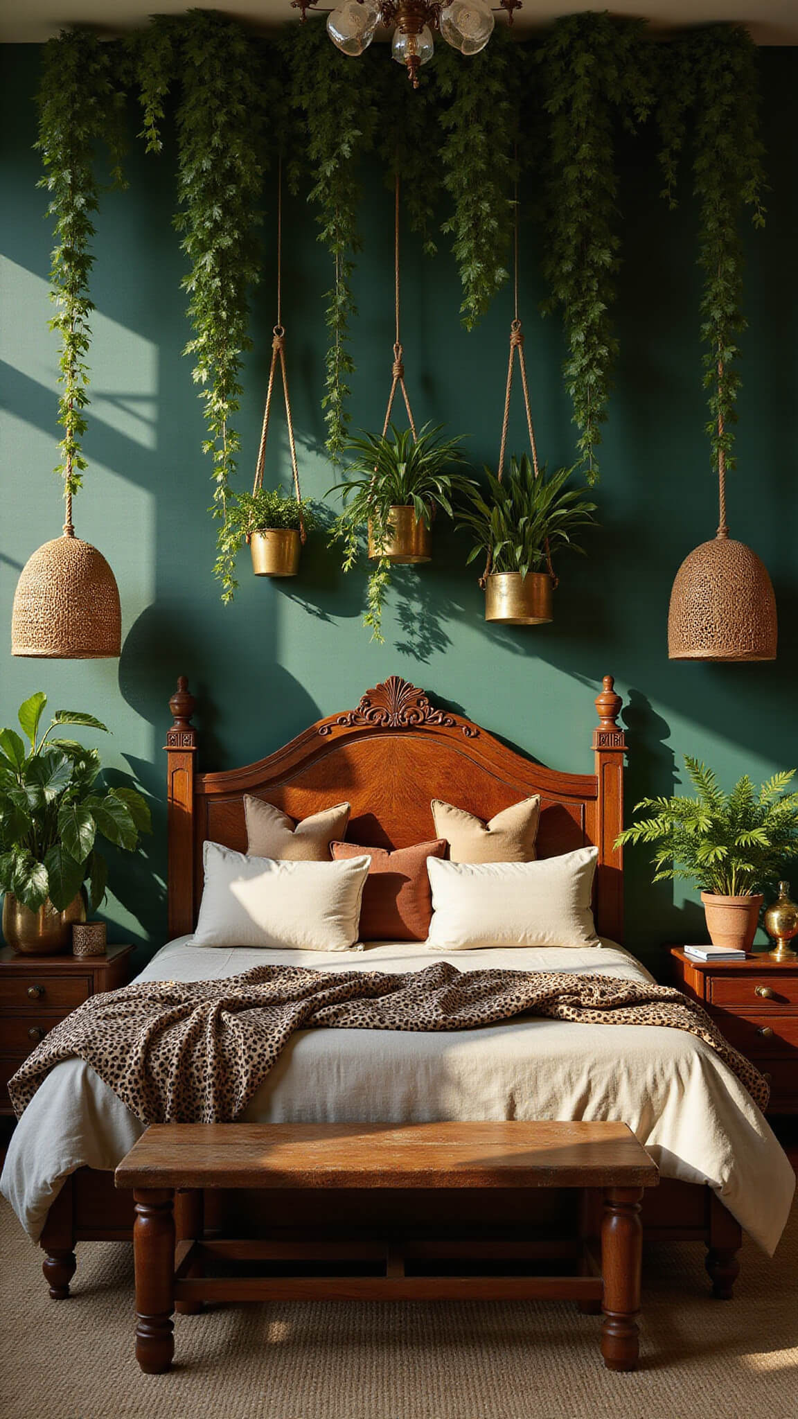 Jungle-inspired bedroom with emerald walls, carved wooden bed, layered earth-toned linens, hanging plants, and rattan lighting during golden hour.