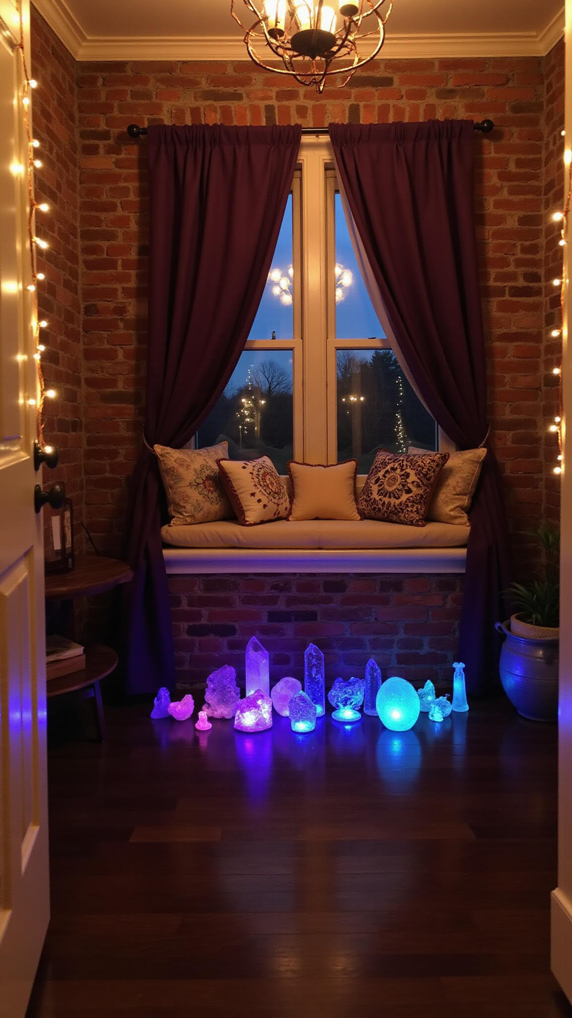 Bohemian 10x12ft bedroom at dusk with copper string lights, exposed brick wall, dark wood floors, purple curtains, window seat with pillows, and crystal displays scattering warm amber and celestial tones.