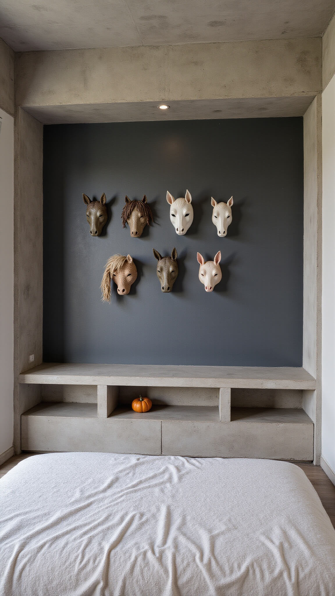 Contemporary 15x18ft therian sanctuary with gallery wall of masks, modern bed with tail displays, concrete and natural textiles, lit by cool LED lighting in morning light.