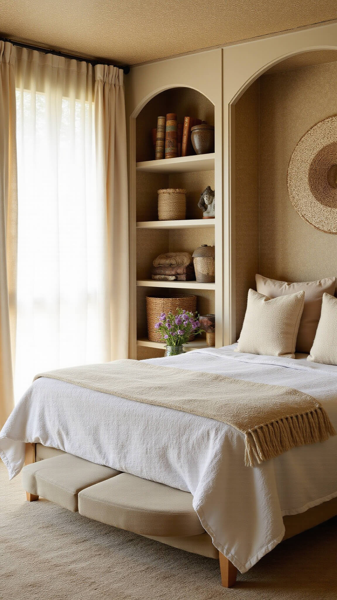 Nest-inspired 11x13ft bedroom with round bed, curved built-in shelves, warm textured wallpaper, and soft natural afternoon light through sheer curtains.