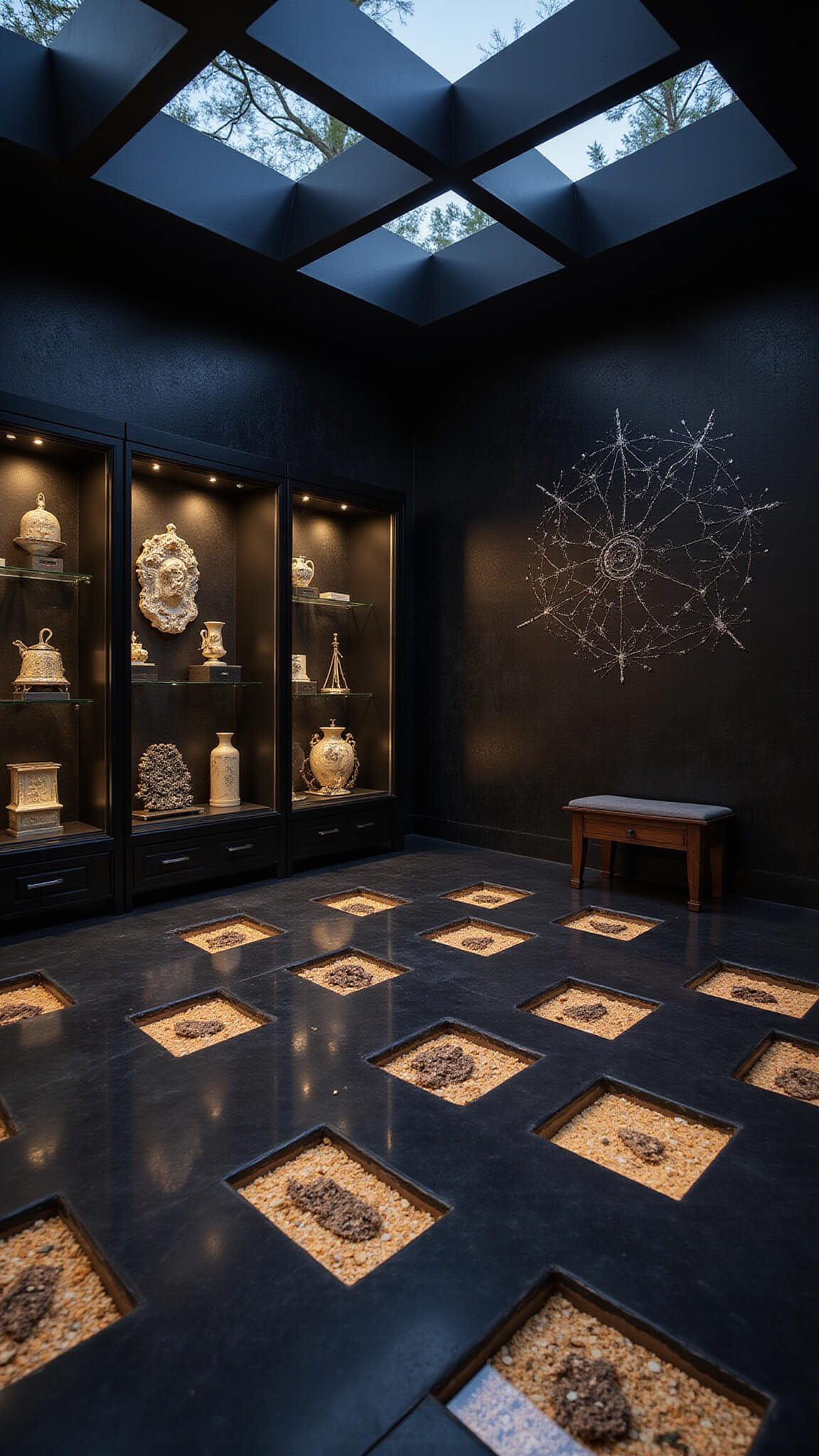 Therian-themed midnight retreat with constellation-accented black wall, LED-lit display cases, geometric layout, and reflective surfaces creating deep shadows and highlights.