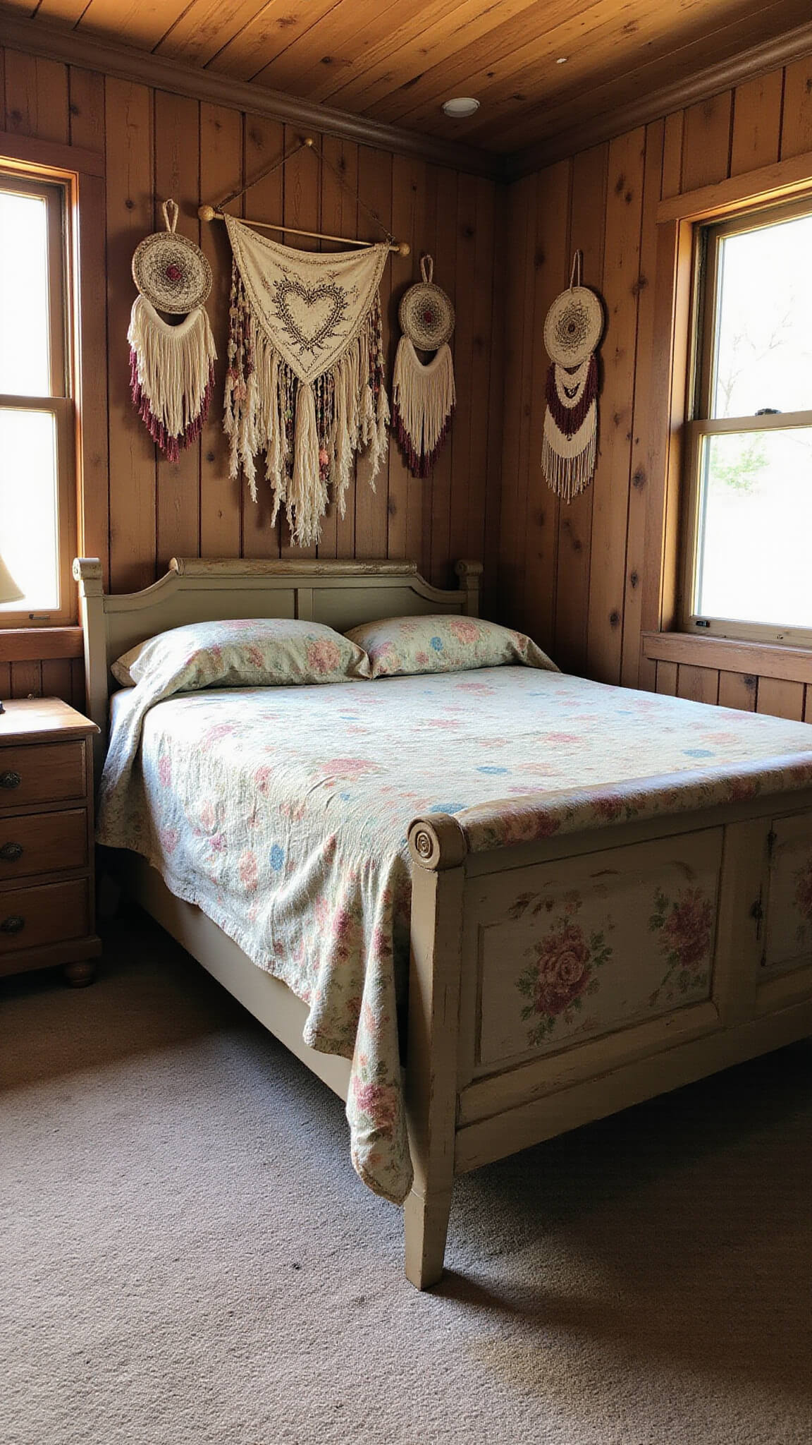 Rustic 12x14ft therian bedroom with forest-toned vintage furniture, handmade dreamcatchers, earth-tone fabric wall hangings, and morning sunlight highlighting natural textures in a symmetrical layout.