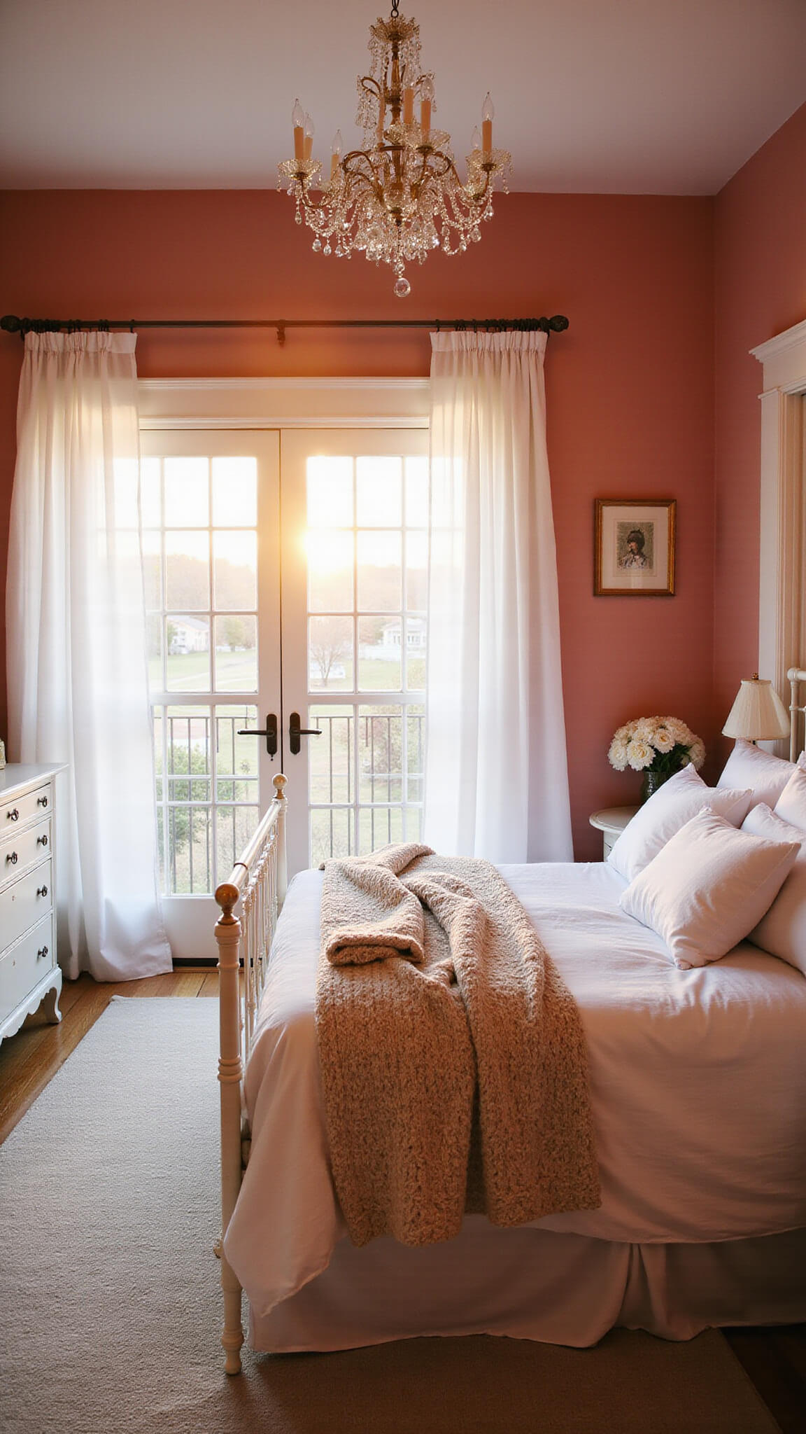 Romantic 12x14ft bedroom at golden hour with Dusty Rose walls, white iron bed with layered bedding, vintage dresser, chandelier lighting, and sheer curtains flowing by open French doors to balcony.
