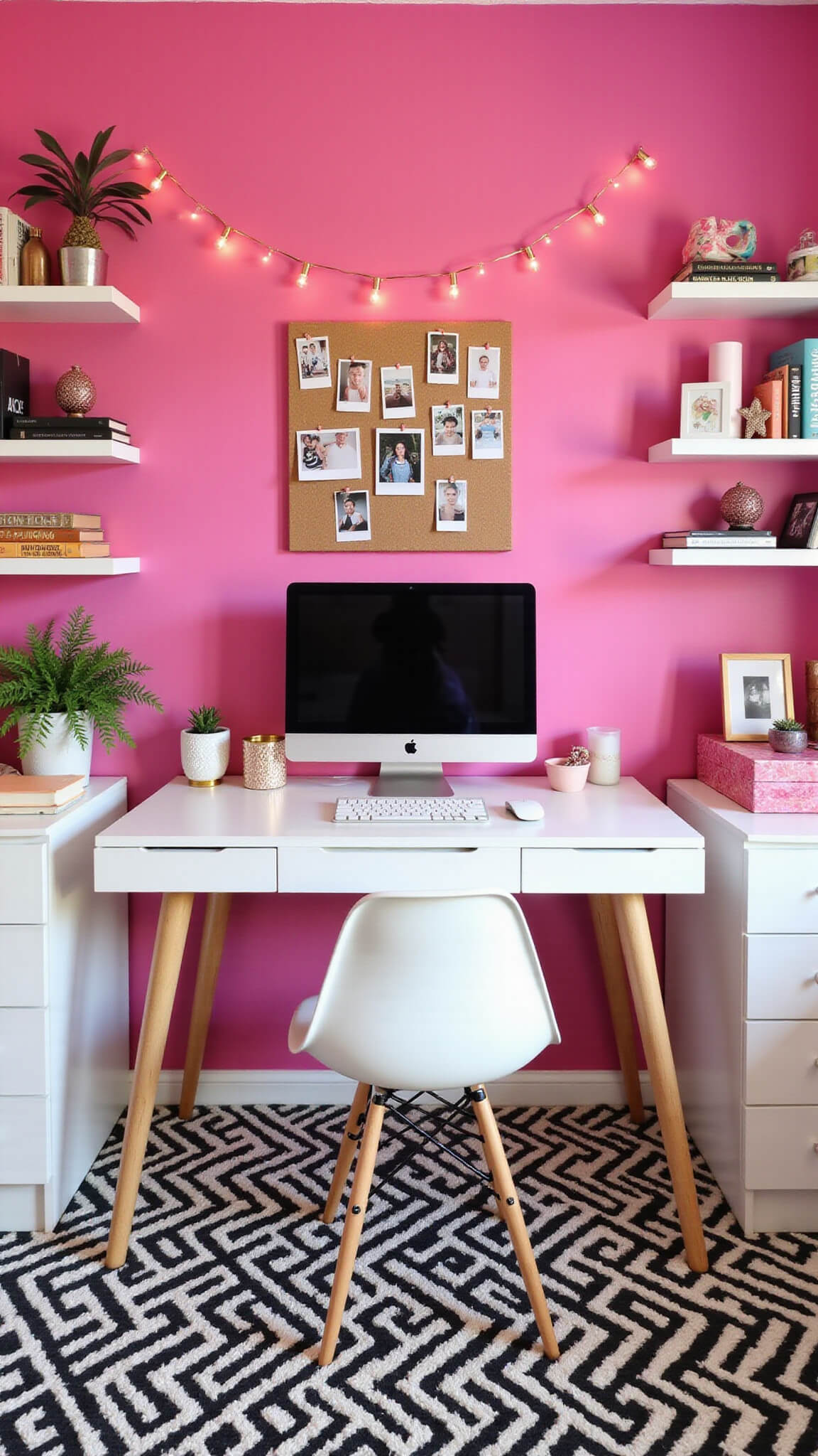 Vibrant teen bedroom with candy pink feature wall, modern white furniture, geometric black and white rug, rose gold accents, and string-lit mood board with polaroids.