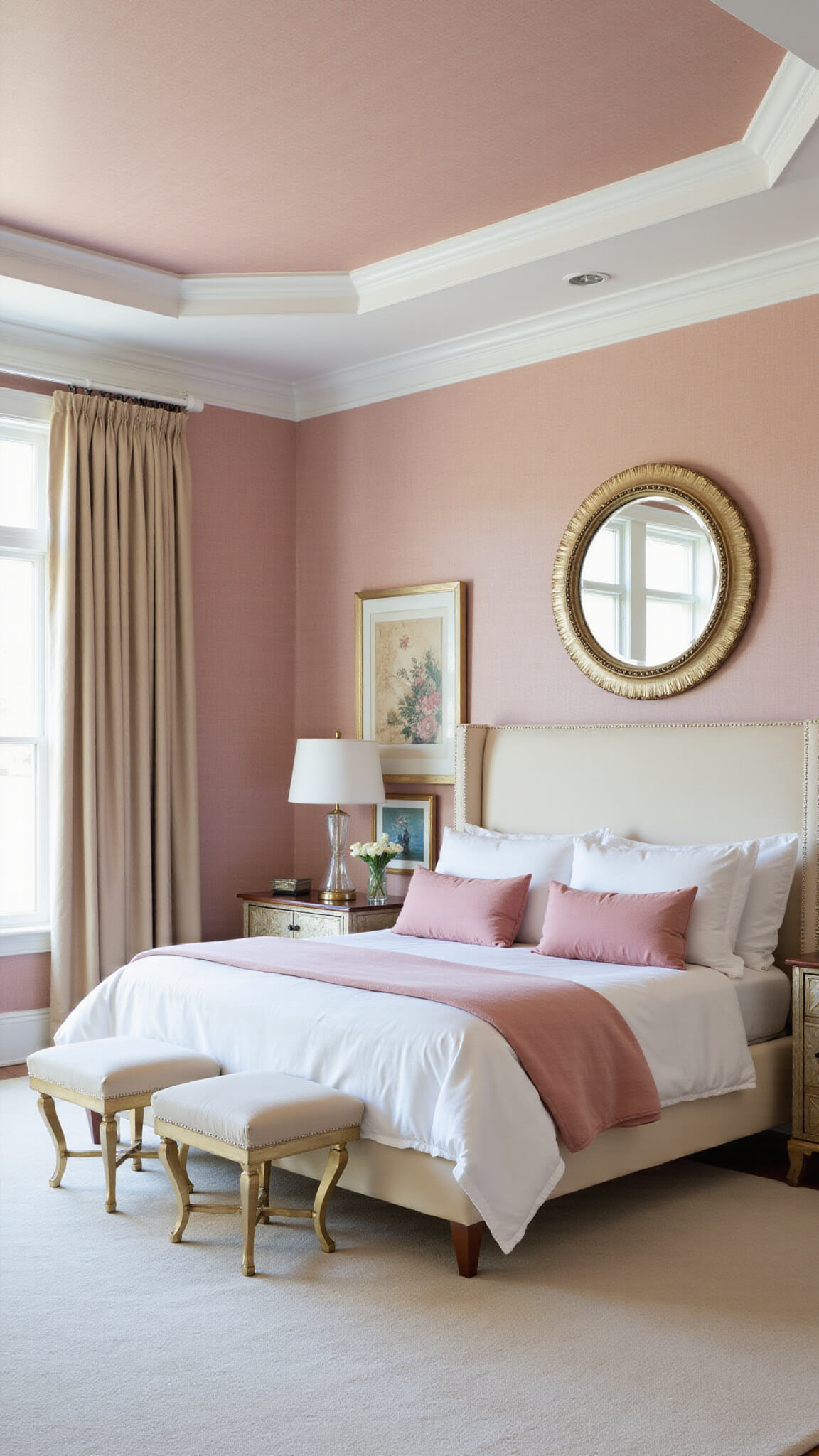 Luxurious master bedroom with blush pink grasscloth wallpaper, cream velvet king bed, champagne silk drapes, and lucite-brass bedside tables under soft, diffused lighting.