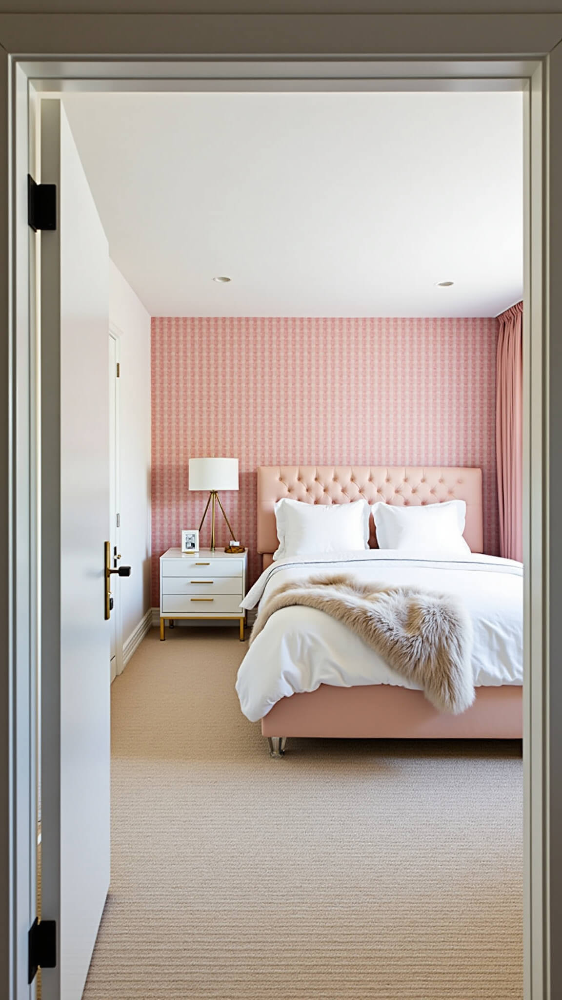 Modern glam 15x15ft bedroom with white walls, pink geometric accent wallpaper, pale pink velvet platform bed, white marble-top nightstands with gold bases, lucite vanity with ghost chair, and Mongolian fur throw, viewed symmetrically from doorway with mixed natural and warm lighting.