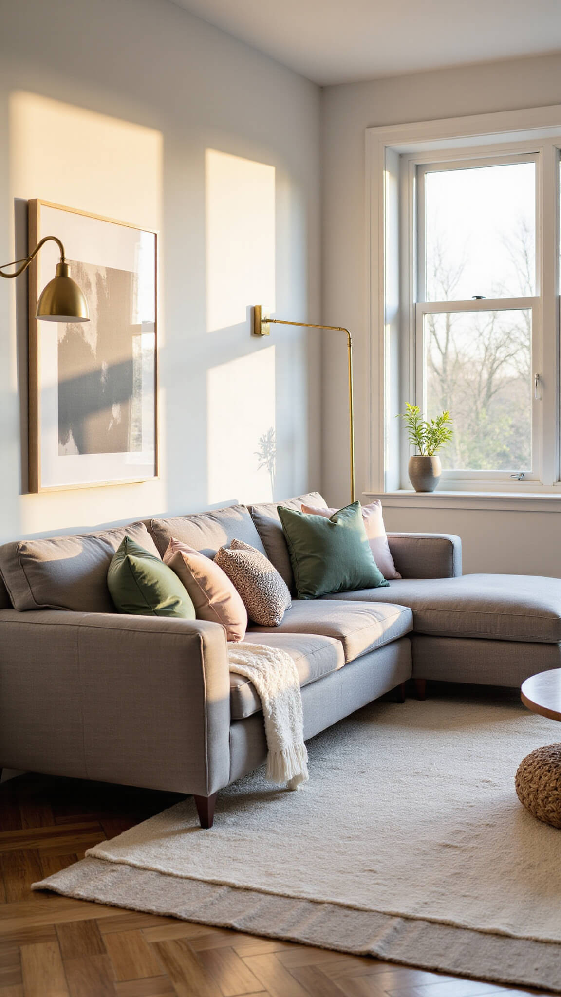 Expansive living room with grey linen sectional, herringbone oak floors, cream wool rug, and warm golden hour light through floor-to-ceiling windows.