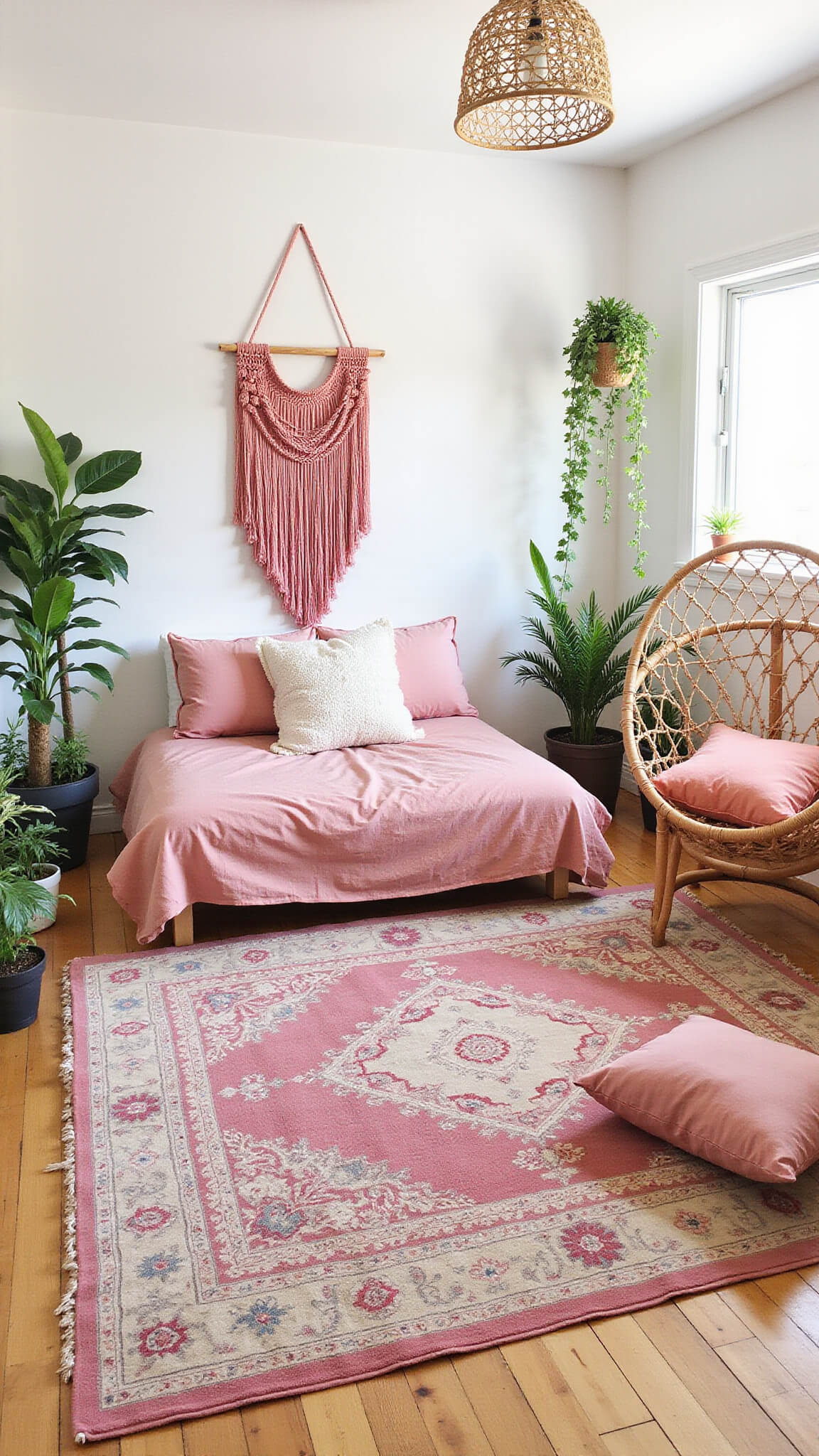 Bohemian bedroom with low bed, pink textiles, potted plants, and rattan chair in soft natural lighting.
