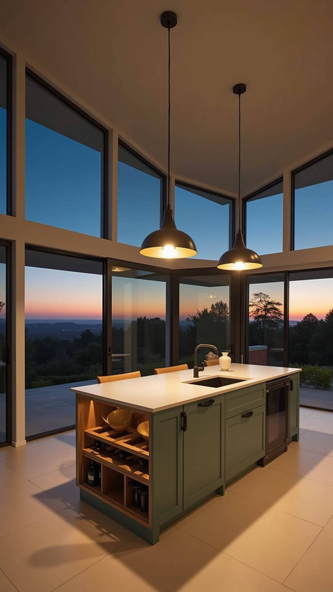Contemporary open-concept kitchen-dining space at dusk with warm pendant lighting over sage green island, white oak shelves, dog washing station, and panoramic sunset views.