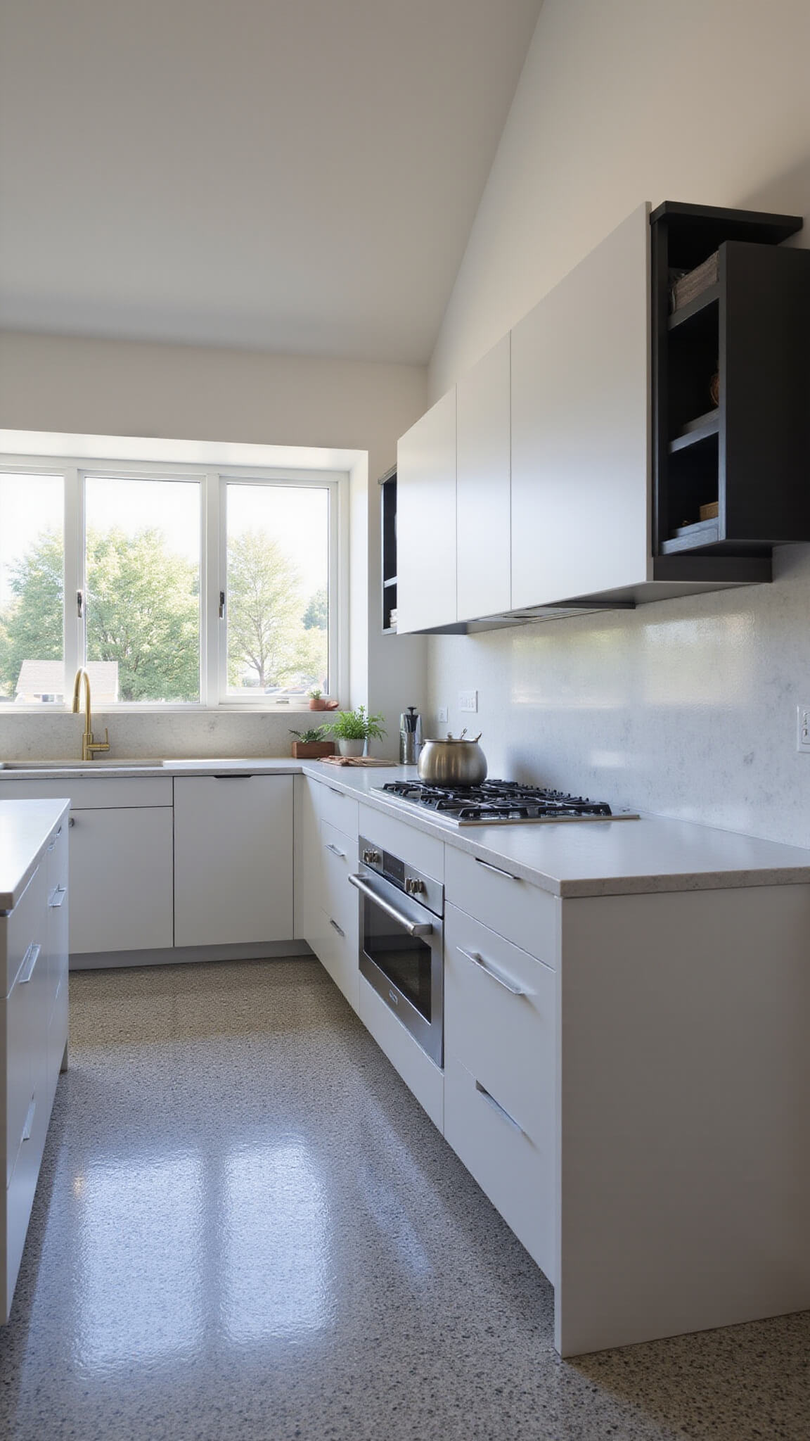 Minimalist 12x18ft kitchen with vaulted ceiling, white handleless cabinets, marble backsplash, terrazzo floors, brass fixtures, and a multi-functional island lit by mid-morning sun.