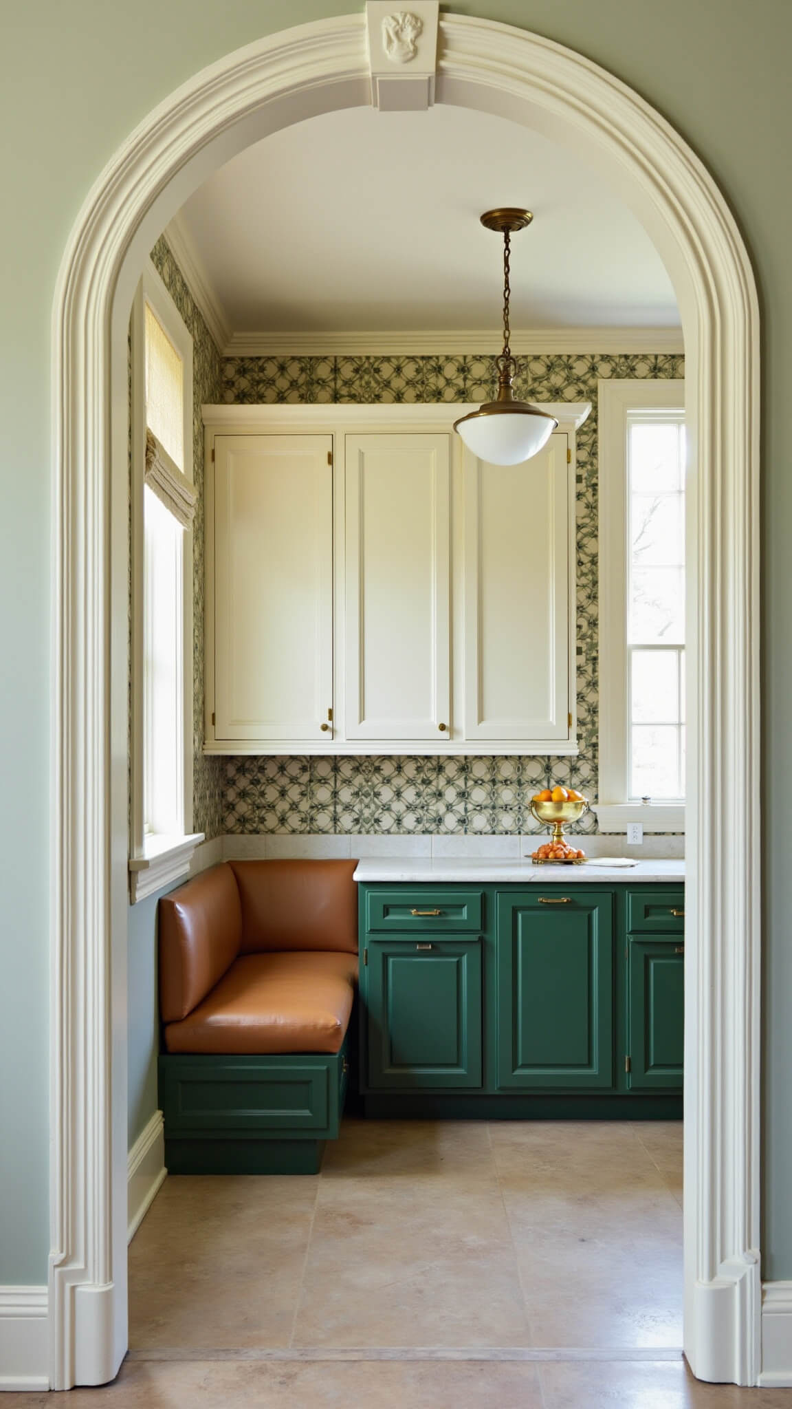 Elegant kitchen with cream and forest green cabinetry, geometric tiled backsplash, brass fixtures, leather banquette in built-in breakfast nook, and natural stone floors, viewed through an arched doorway in soft morning light.
