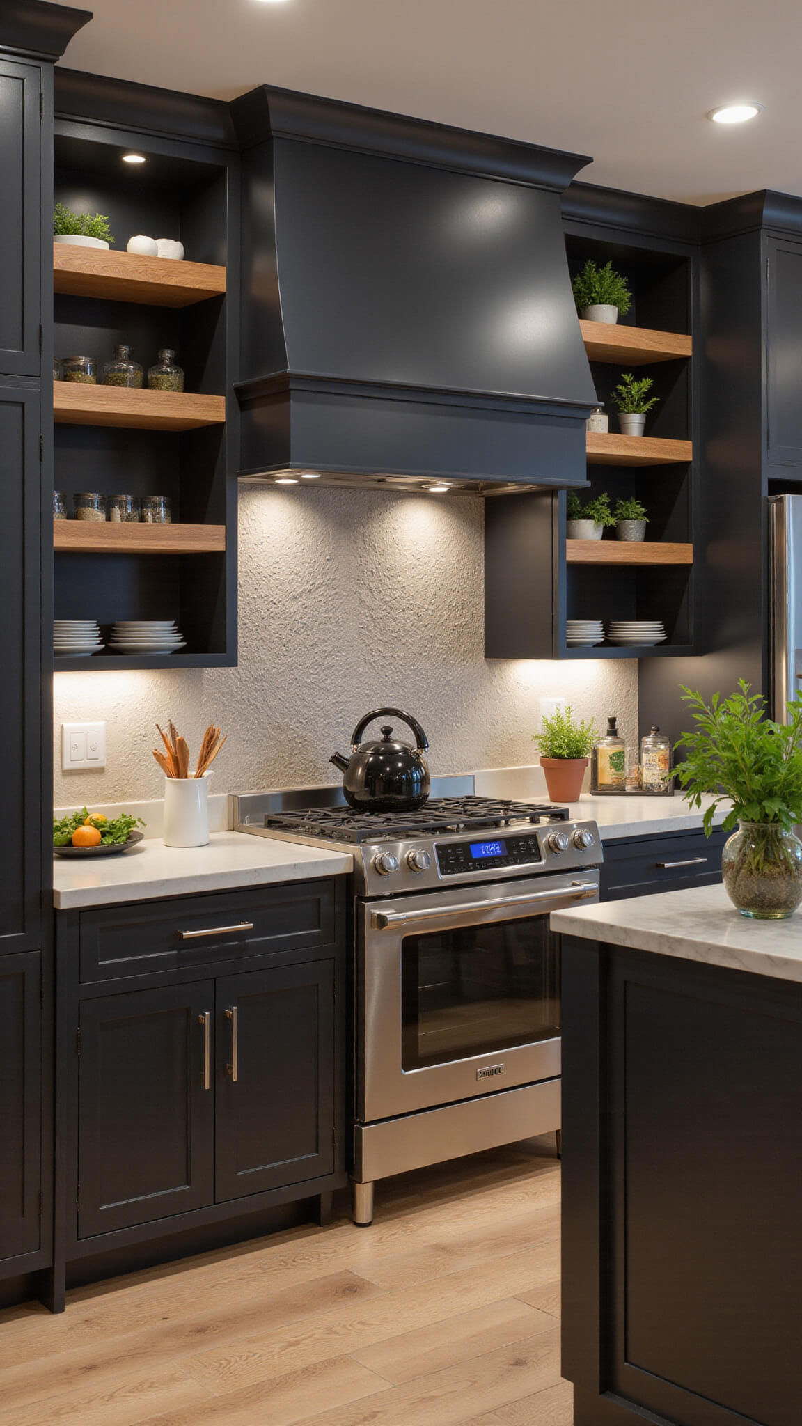 Modern farmhouse kitchen at twilight with matte black cabinets, warm wood shelves, smart appliances, large island featuring built-in herb garden, and cozy ambient lighting viewed from dining area.
