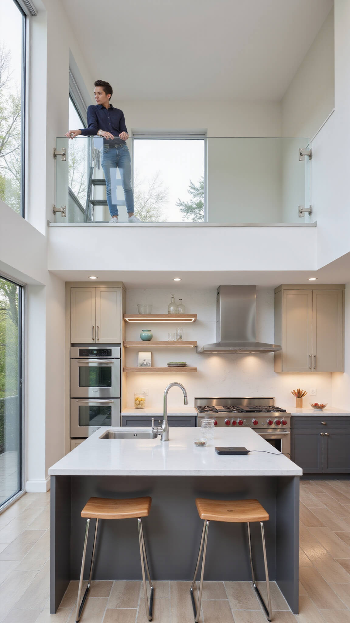 Bright modern kitchen with double-height ceiling, geometric tile floor, two-tone cabinets, waterfall quartz island, and floor-to-ceiling windows viewed from mezzanine.