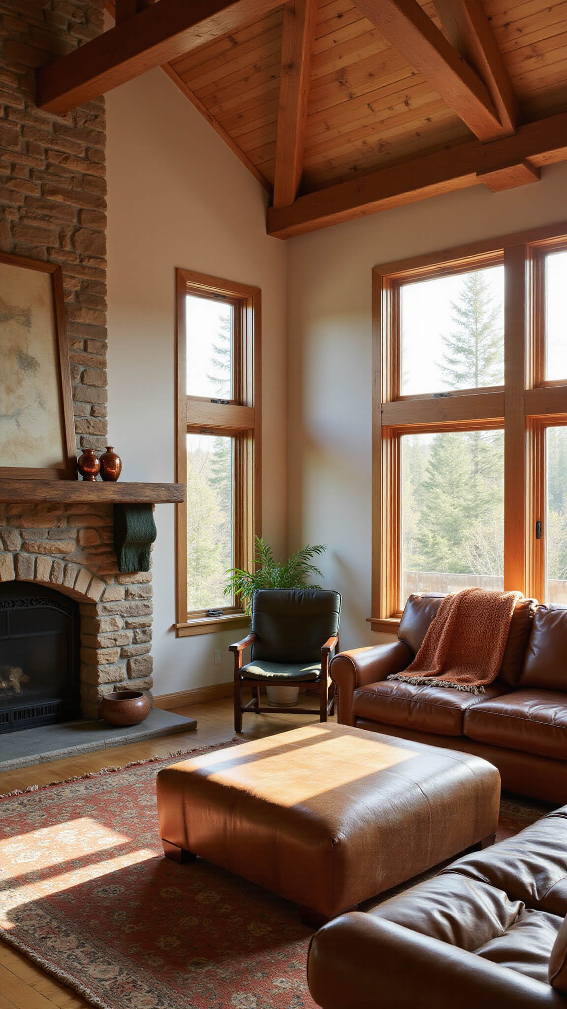 Warm, inviting living room with exposed Douglas fir beams, stone fireplace, leather armchair, wool rugs, and golden hour sunlight streaming through tall windows.