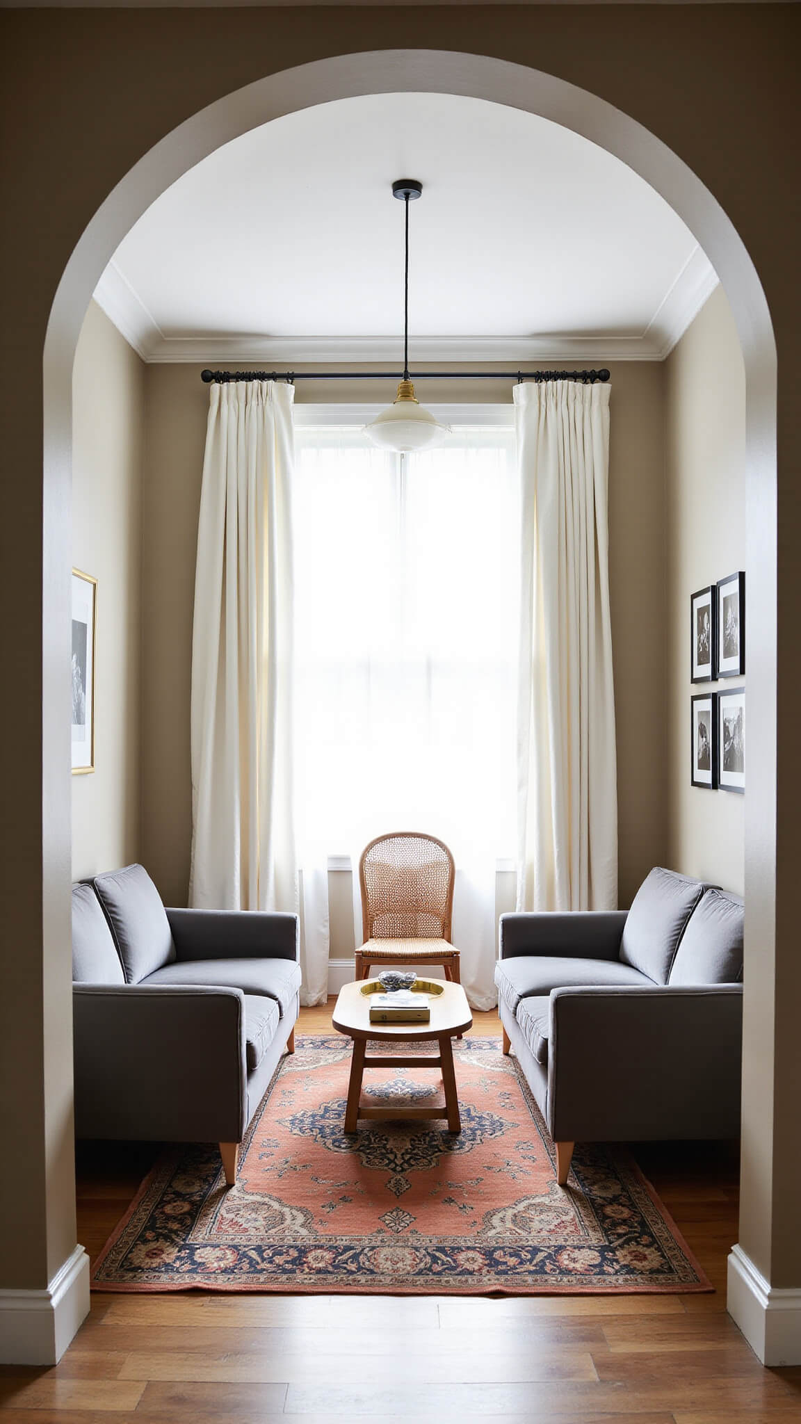 Symmetrical living room with grey velvet sofas, brass coffee table, vintage Persian rug, and morning light through sheer curtains.