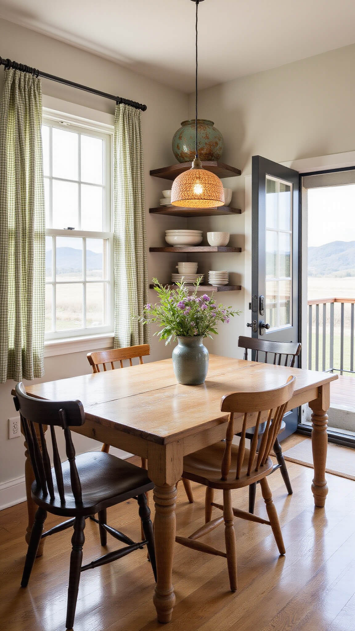 Rustic kitchen nook with barn wood shelves holding cream and sage pottery, pine table with wildflowers, gingham curtains, woven pendant light, and open Dutch door revealing mountain view.