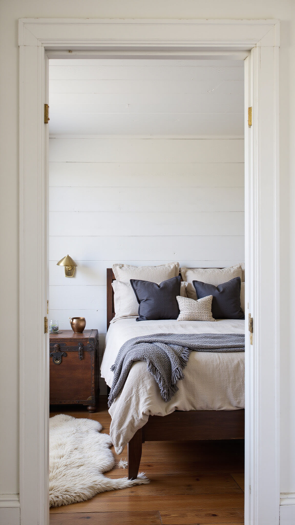 Cozy 10'x12' bedroom with whitewashed pine walls, king bed in layered oatmeal and charcoal linens, antique trunk nightstand, sheepskin rugs, vintage brass sconces, and soft dusk lighting.