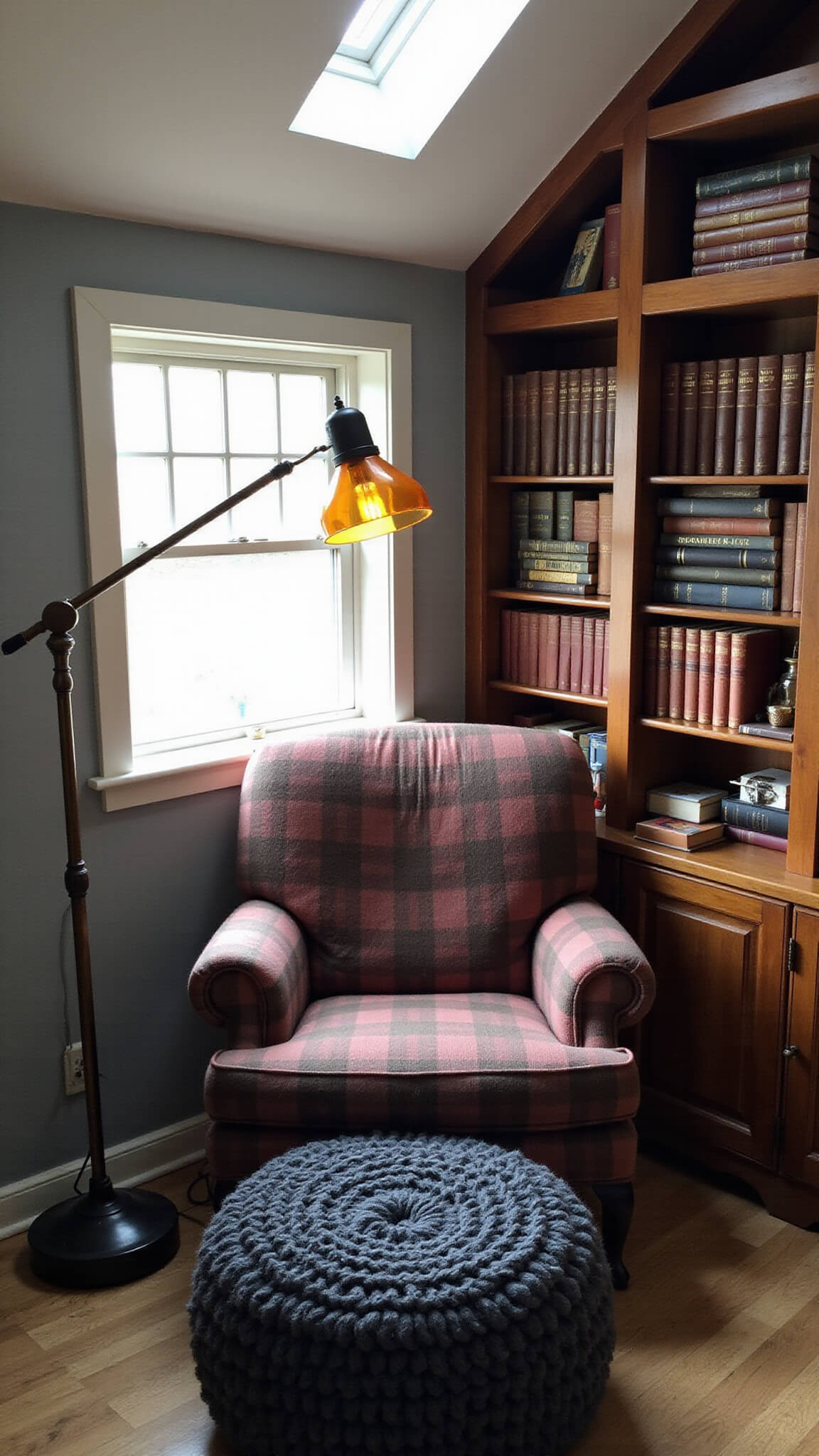 Cozy reading nook under sloped ceiling with dormer window, moody rainy light illuminating buffalo check armchair, vintage amber-shaded floor lamp, built-in bookshelf of leather-bound books, and charcoal gray knit pouf, viewed from above.