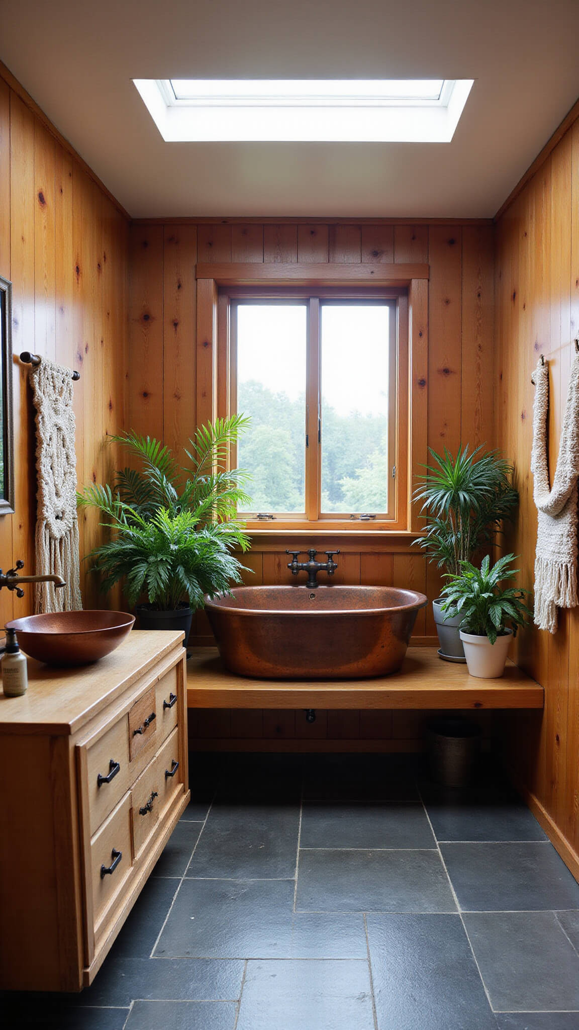 Spa-like cedar bathroom with copper soaking tub under skylight, slate floors, ferns, floating oak vanity, and macramé wall hanging.