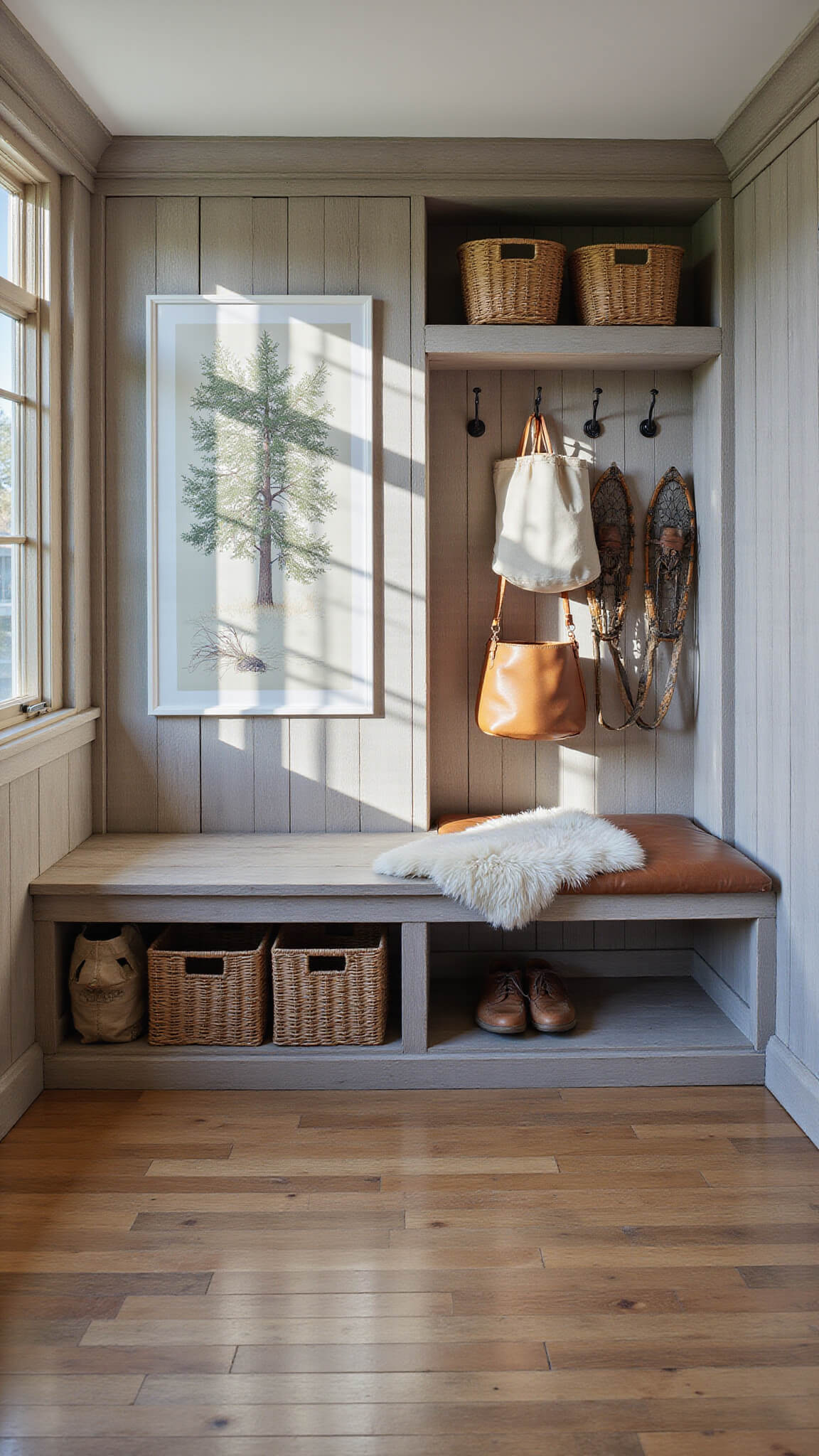 Mudroom with weathered gray wood storage, canvas bags on iron hooks, woven baskets, leather bench with sheepskin, vintage snowshoes, and botanical prints, lit by late afternoon sunlight through gridded windows.