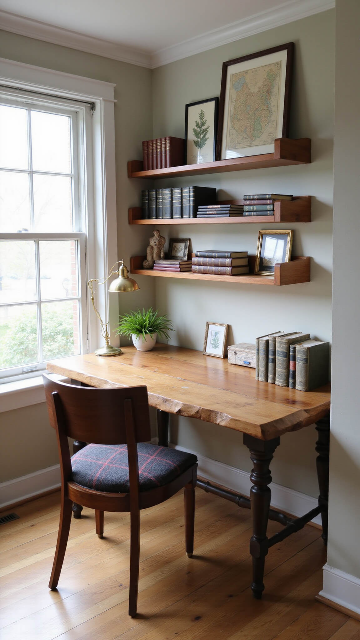 Cozy home office alcove with live-edge desk facing picture window, brass task lamp, floating shelves with nature collections, vintage reupholstered chair, and gallery wall of antique maps and botanical prints.