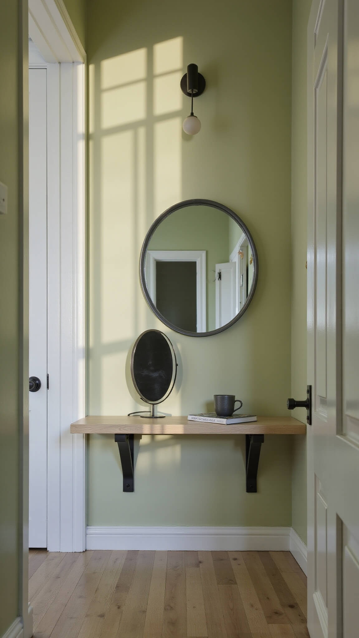 Low-angle view of a modern narrow hallway with sage green walls, dramatic vertical wall sconces, floating bleached oak console, round mirror, minimalist black frames, and white oak flooring.