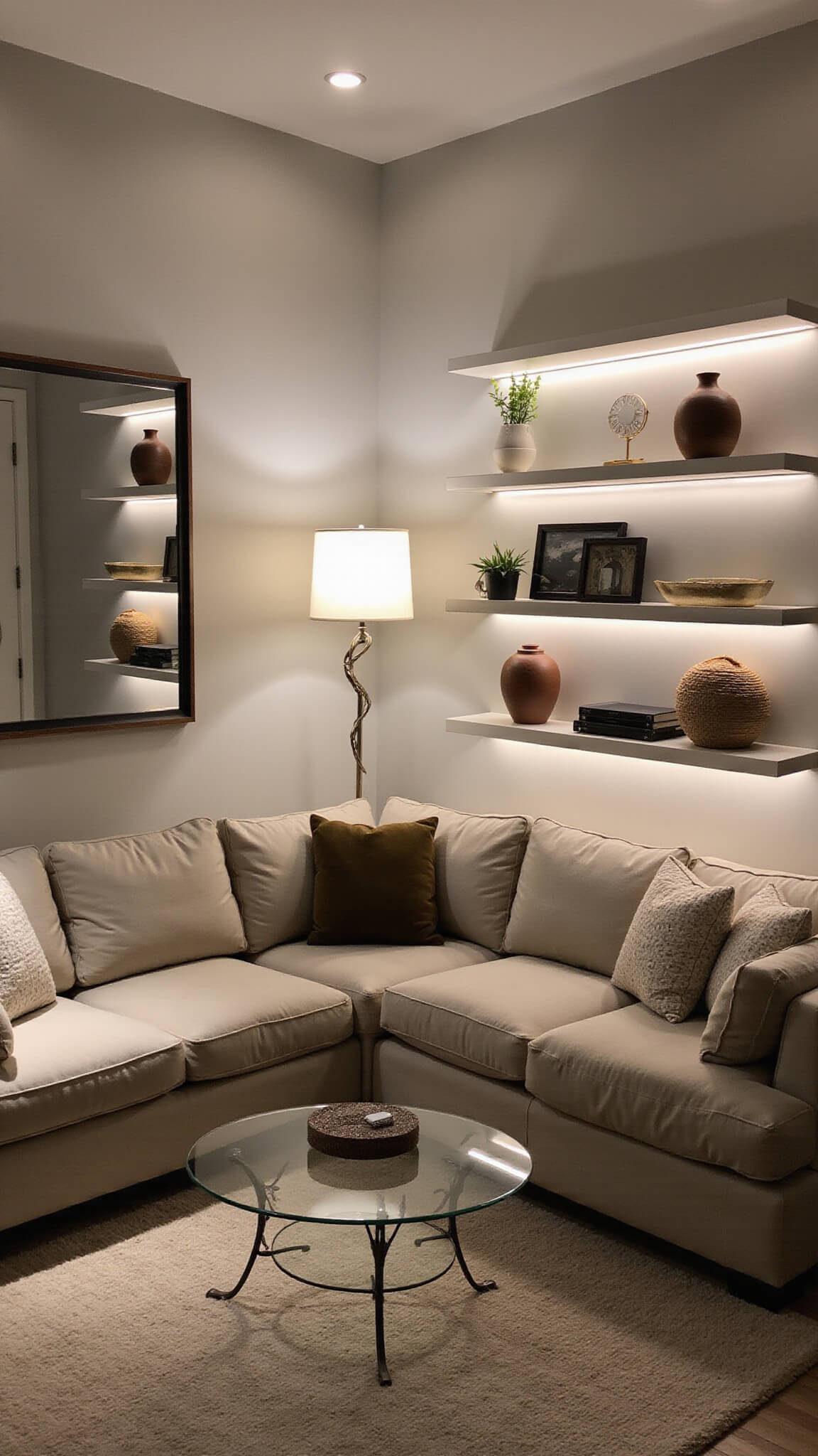 Compact 15x15ft living room at dusk with layered lighting, greige walls, oatmeal linen sectional, glass coffee table, mirrors, and cozy textural accents.