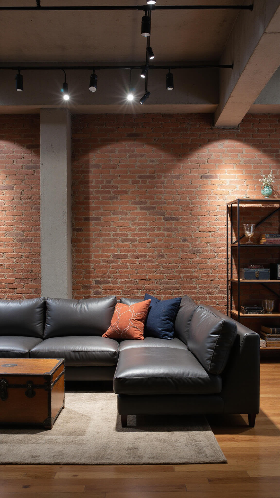 Industrial loft living room with exposed brick walls, charcoal leather sectional, vintage trunk coffee table, and moody dusk lighting highlighting urban textures.