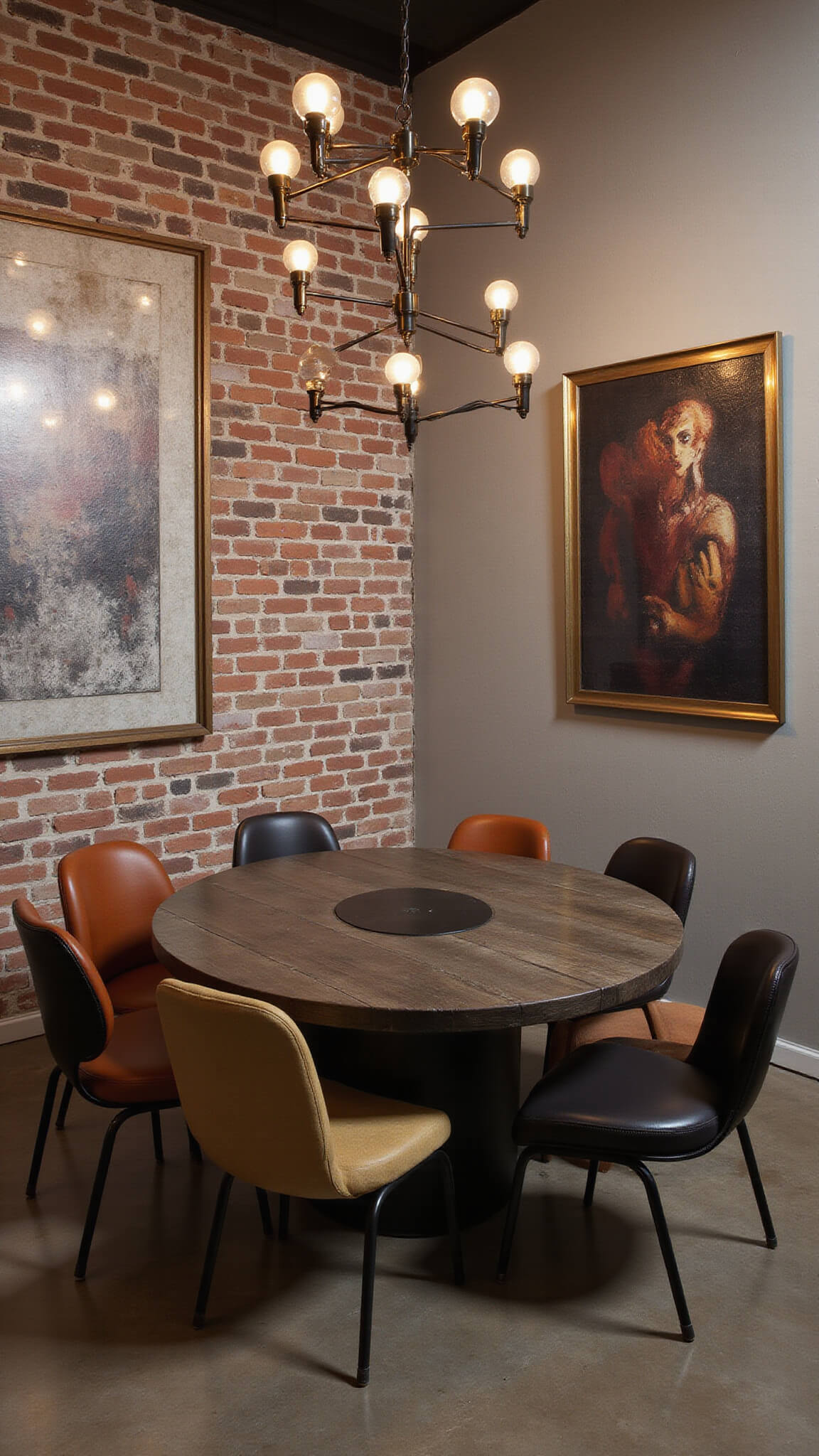 Urban dining room at twilight with exposed brick and concrete walls, blackened oak round table, eclectic chairs, brass sputnik chandelier, and abstract photography in metal frames.