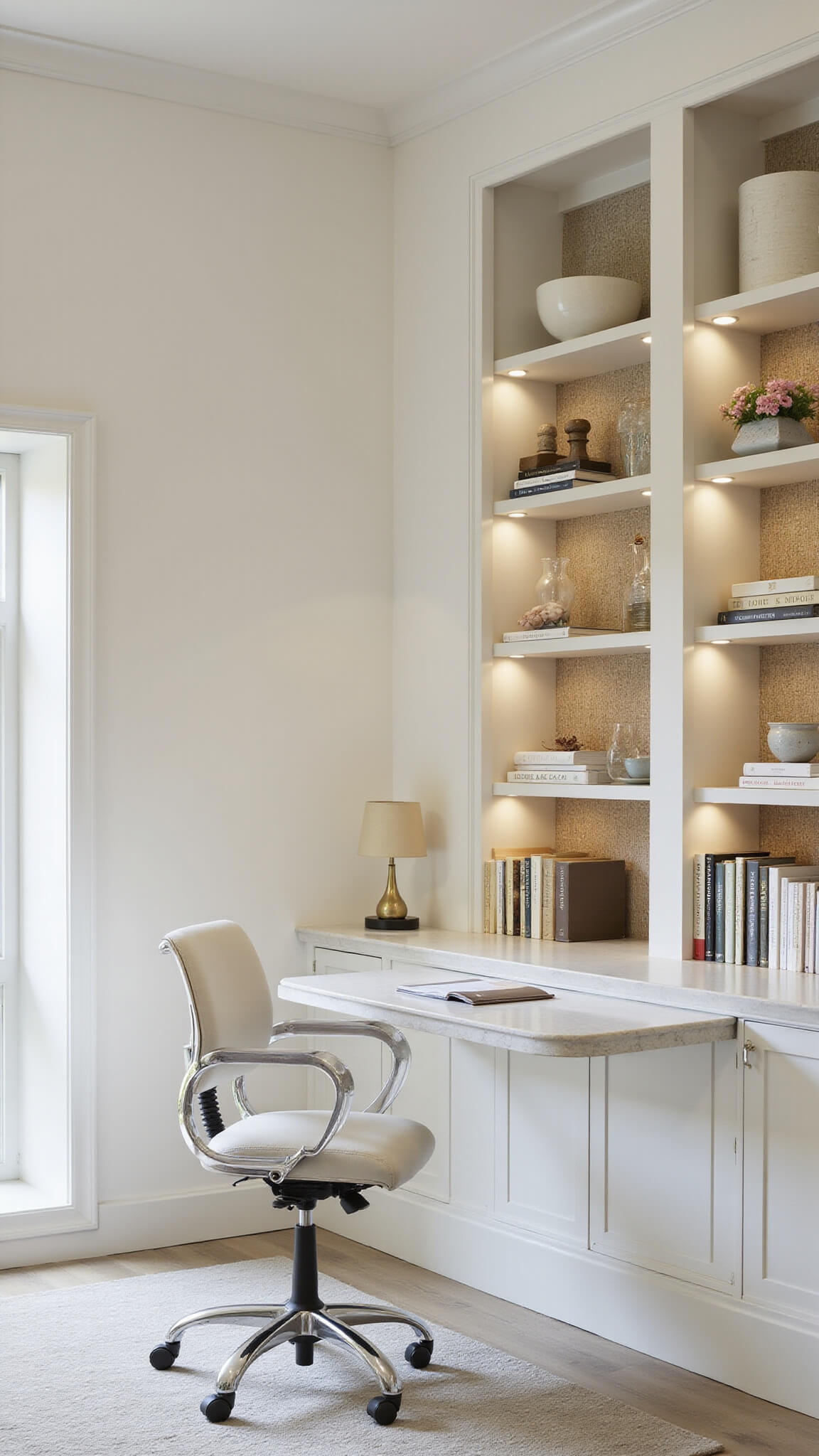 Modern home office corner with acrylic desk, ergonomic chair, warm white walls, brass-accented shelving, and textured grasscloth wallpaper in morning light.