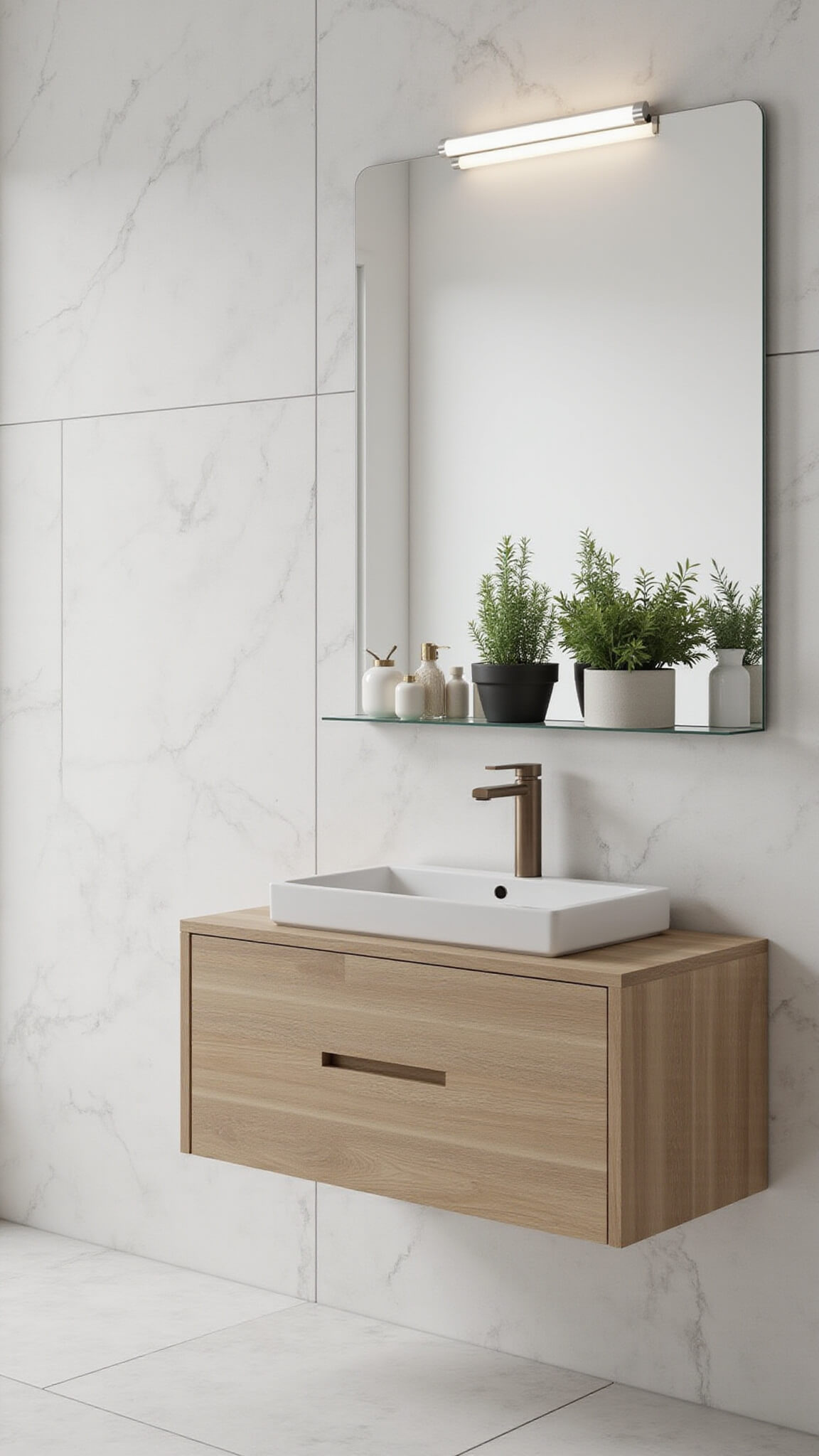 Minimalist bathroom with light ash floating vanity, LED-lit frameless mirror, mixed metal fixtures, marble-effect tiles, and greenery.