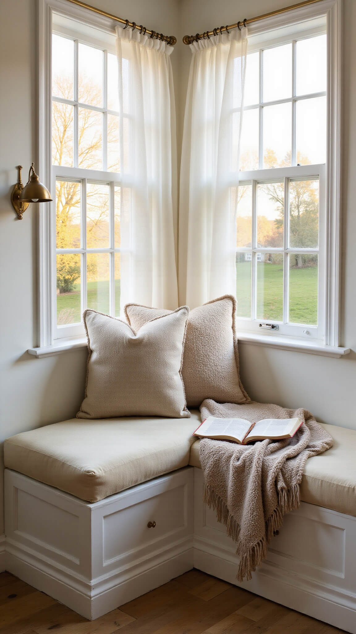 Cozy sunset-lit reading nook with cream window seat, soft white walls, gauzy curtains, brass sconce, and layered textiles for warmth.
