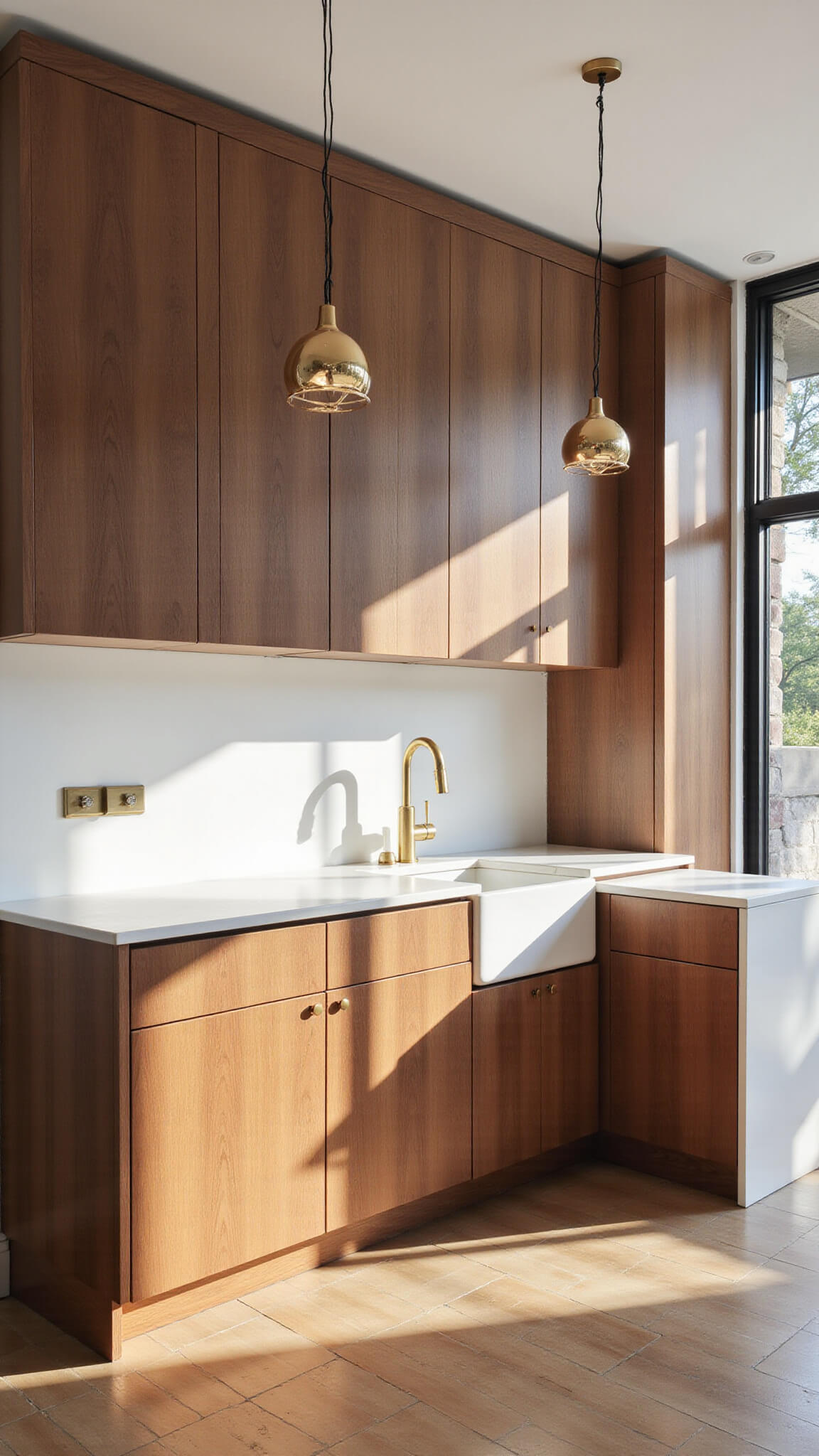 Contemporary 12x15ft kitchen with walnut slab cabinets, white quartz countertops, and brass pendants in warm morning light.