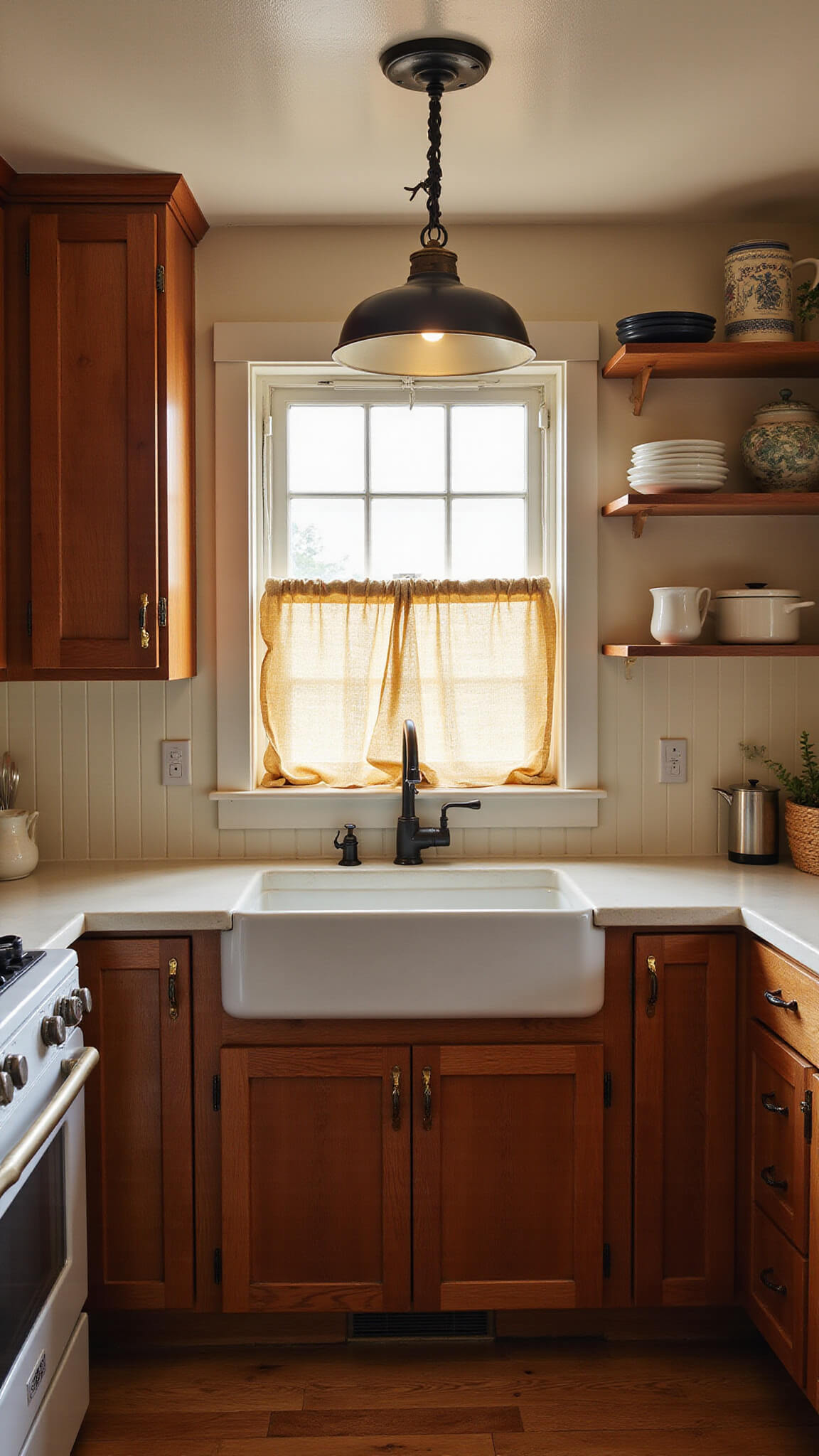 Cozy farmhouse kitchen with walnut cabinets, farmhouse sink, and warm golden hour lighting.