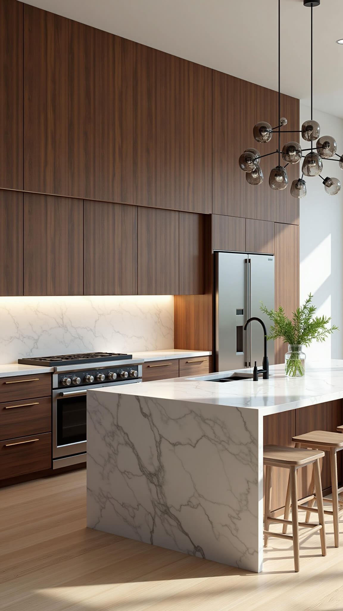 Modern open-concept kitchen with walnut cabinets, white marble backsplash, large waterfall island seating six, and smoked glass pendant lights.
