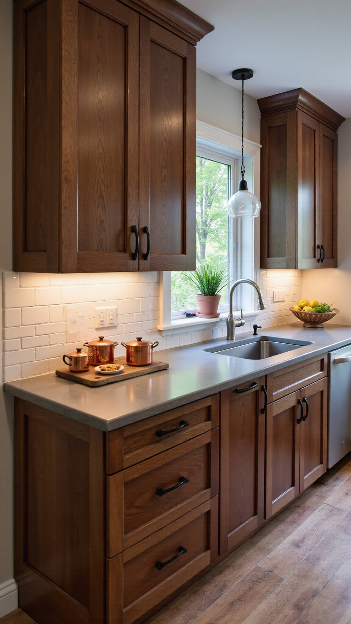 Transitional kitchen with walnut cabinets, soapstone counters, and warm under-cabinet lighting at dusk.
