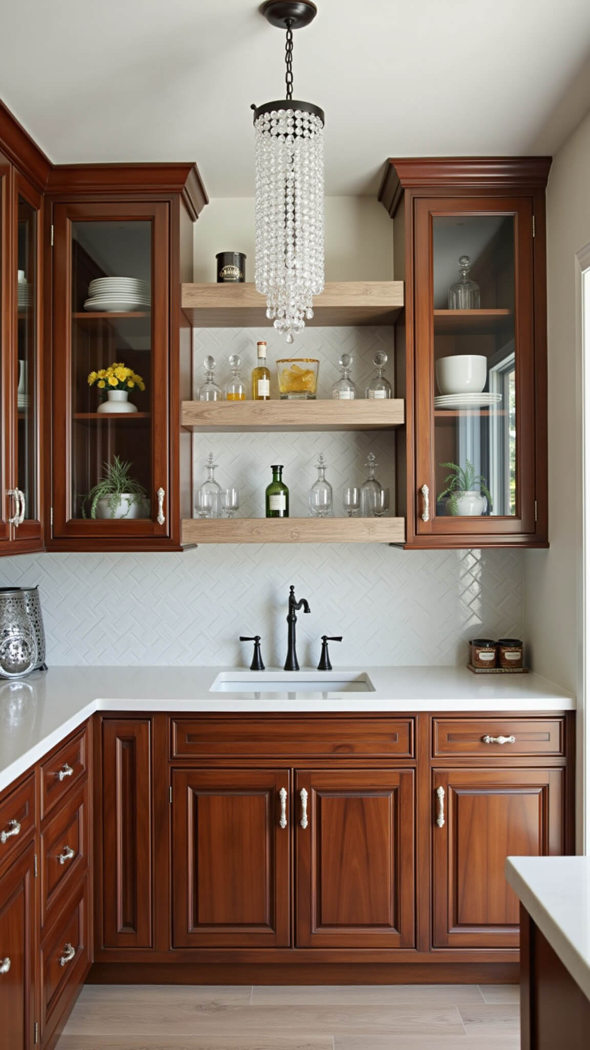 Elegant 11x13ft butler's pantry with walnut cabinetry, white oak shelves, crystal chandelier, and vintage barware in soft morning light.