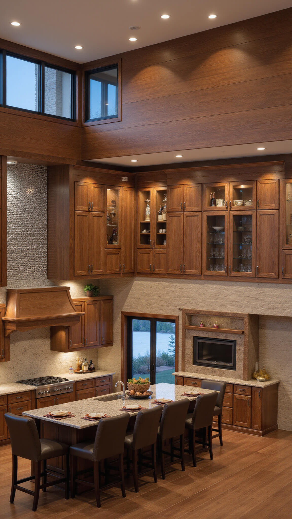 Contemporary 16x18ft twilight kitchen with walnut cabinetry, illuminated glass uppers, metallic backsplash, leather barstools, and modern decor.