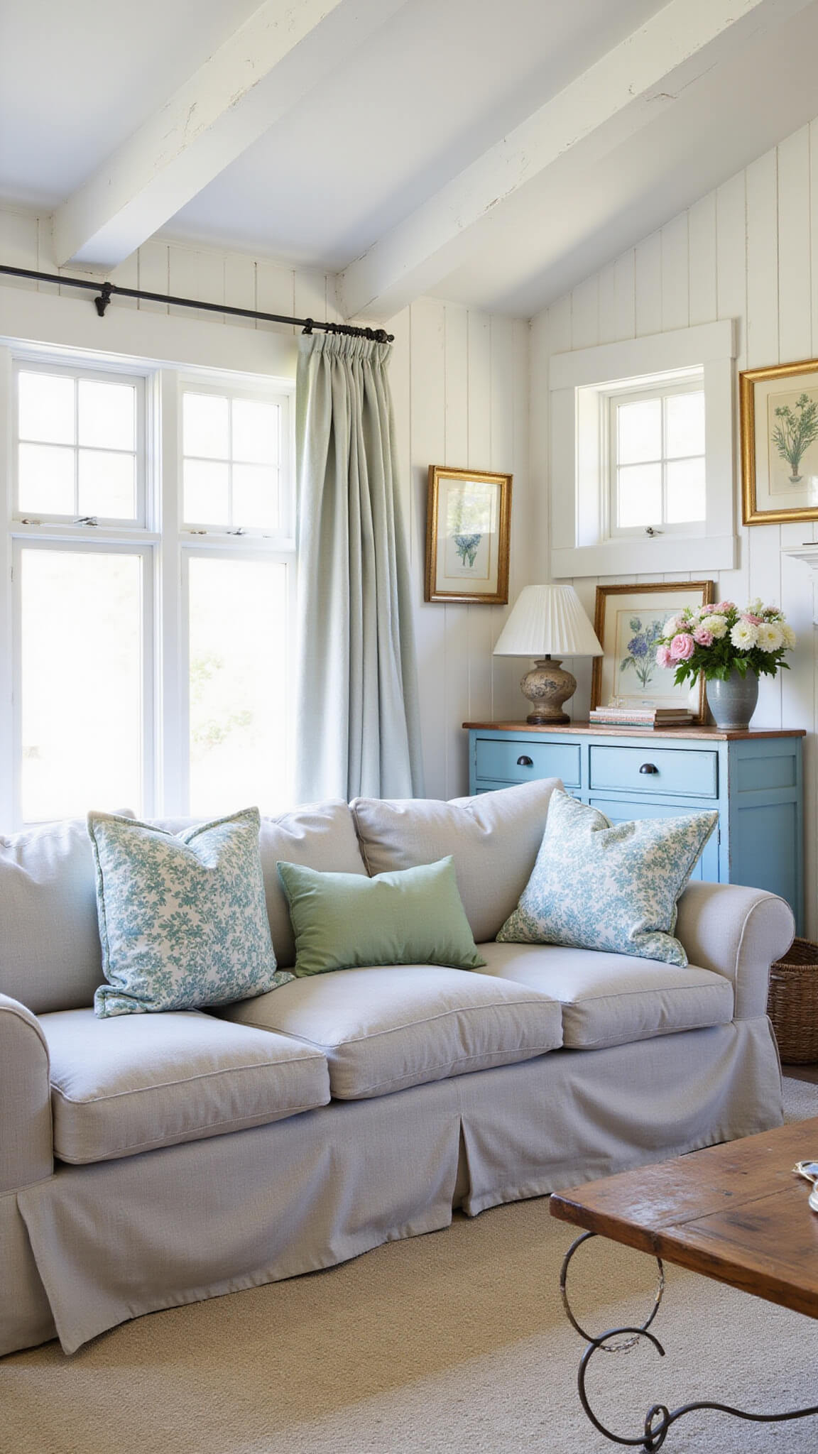 Cottage-style living room with white ceiling beams, cloud-grey linen sofa with blue and sage pillows, vintage decor, and morning light through bay windows.