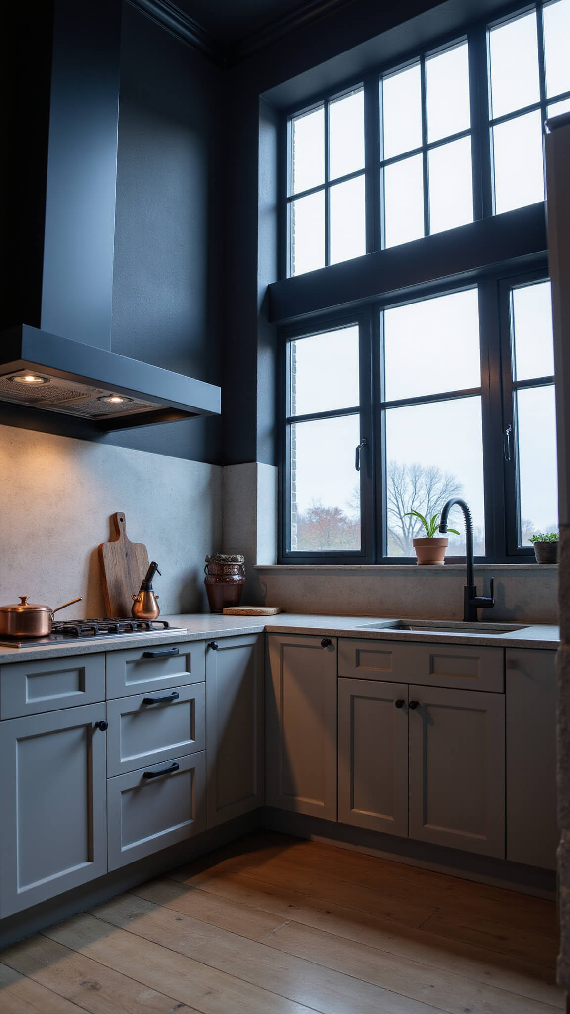 Moody kitchen with dove gray cabinets, matte black hardware, concrete surfaces, and industrial black-framed windows photographed during blue hour.