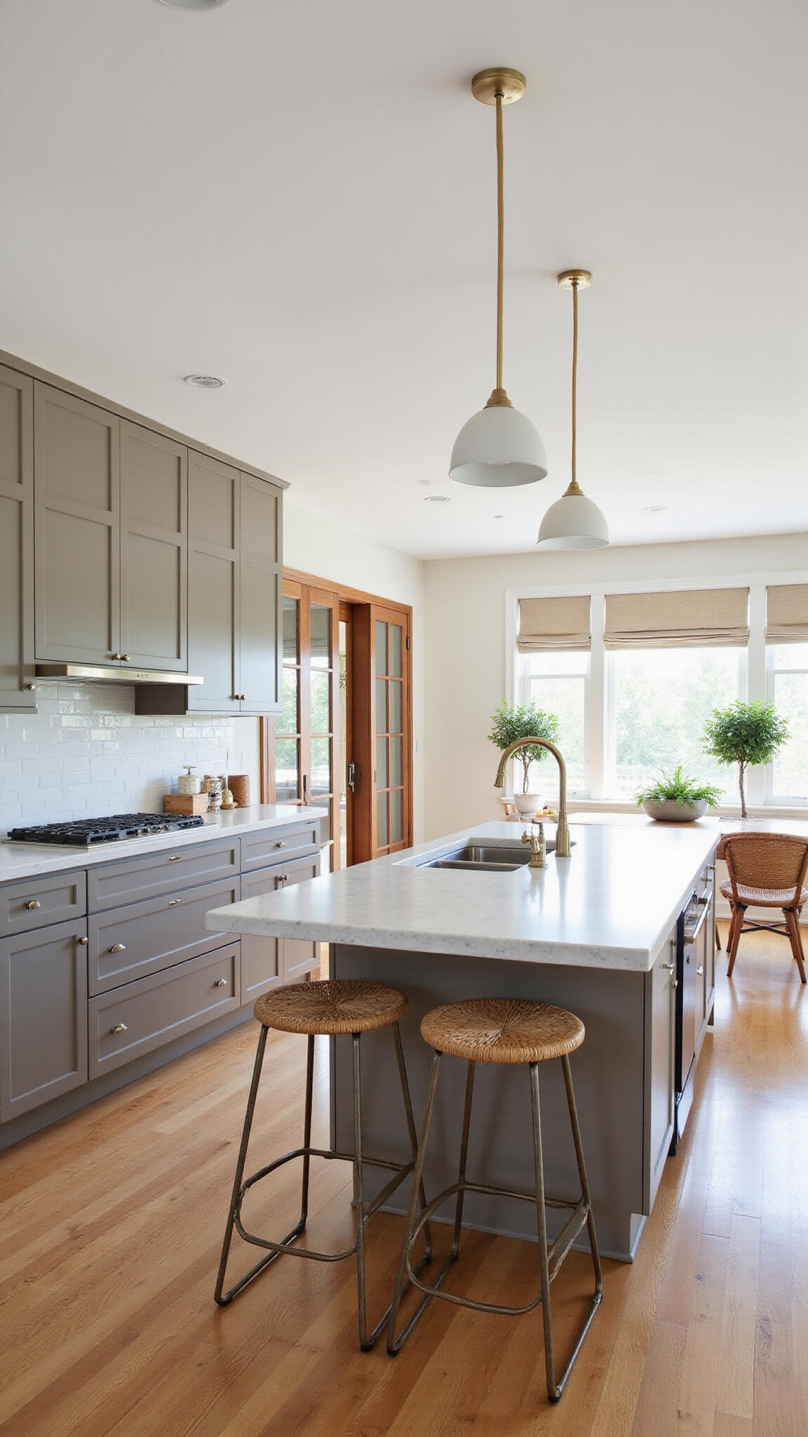 Contemporary kitchen with taupe flat-panel cabinets, quartzite waterfall island, champagne bronze fixtures, woven bar stools, and potted olive trees.