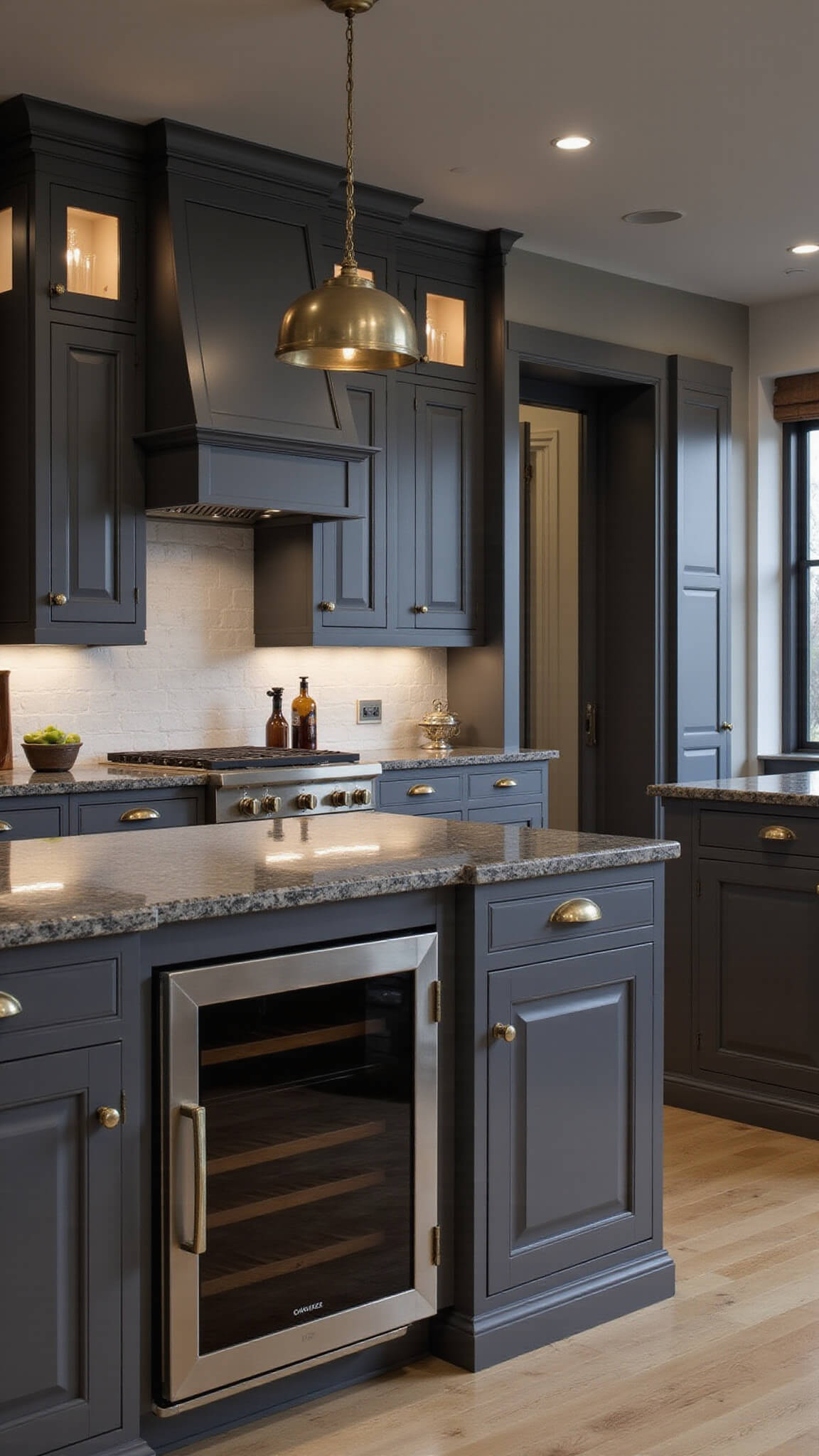 Dramatic dusk-lit kitchen with charcoal gray cabinets, double islands, antique brass hardware, and integrated appliances, styled with black stoneware and vintage copper accents.