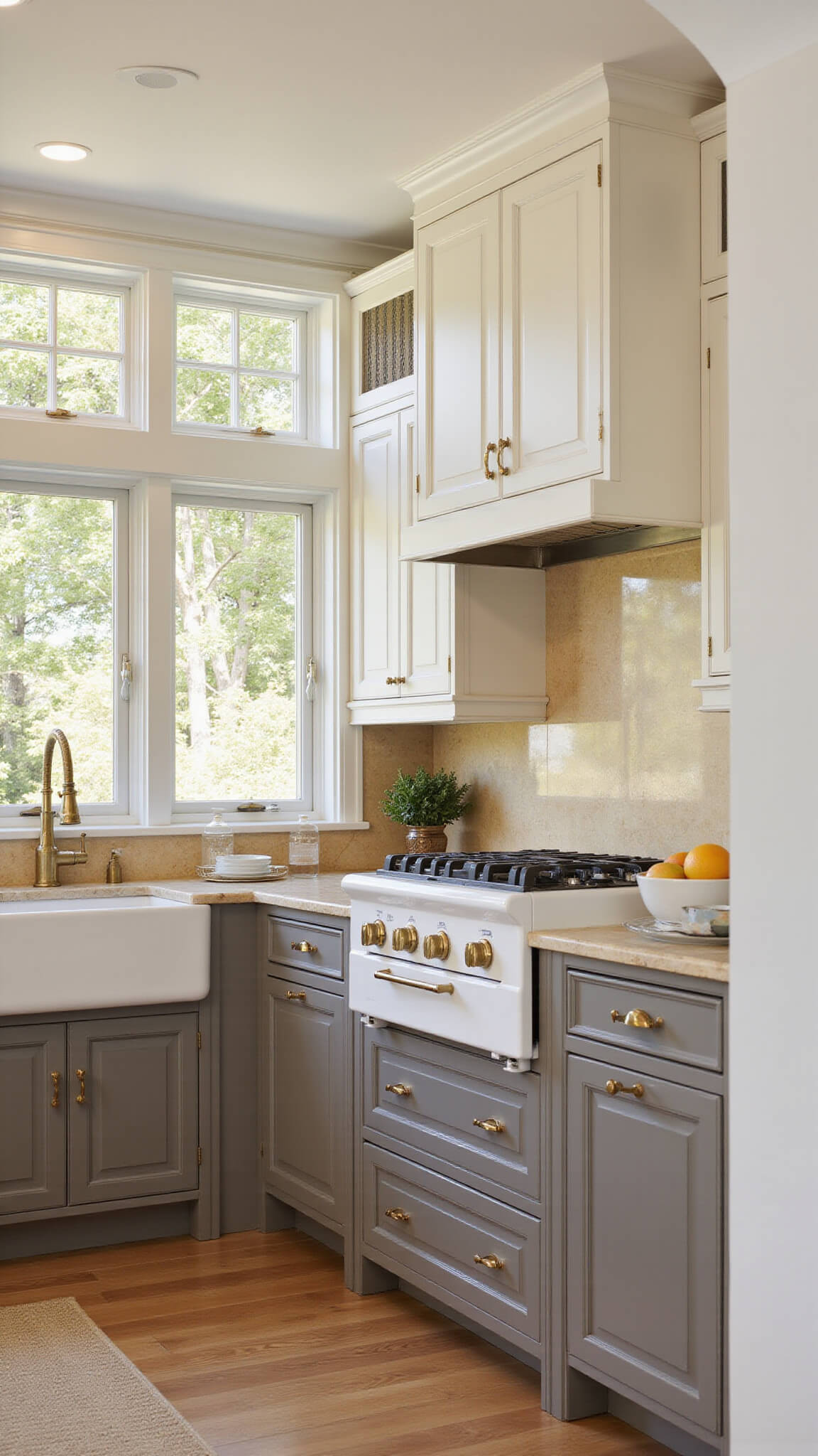 Bird's eye view of a light-filled kitchen with Swiss Coffee cabinets, coffered ceiling, Calacatta gold surfaces, and unlacquered brass hardware.