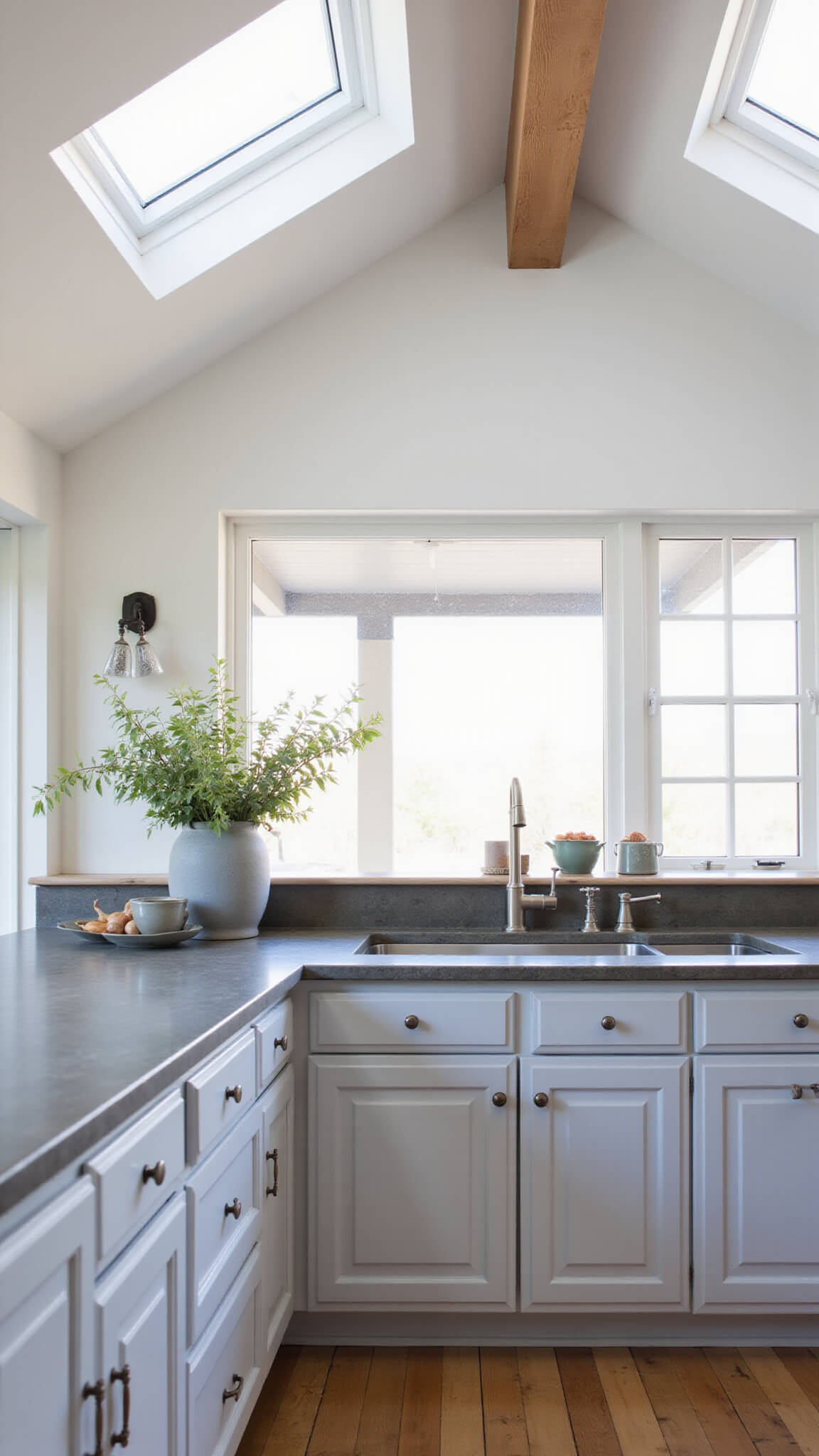 Serene kitchen with Classic Gray cabinets, soapstone counters, vaulted ceilings with skylights, and soft morning light highlighting eucalyptus and gray stoneware.