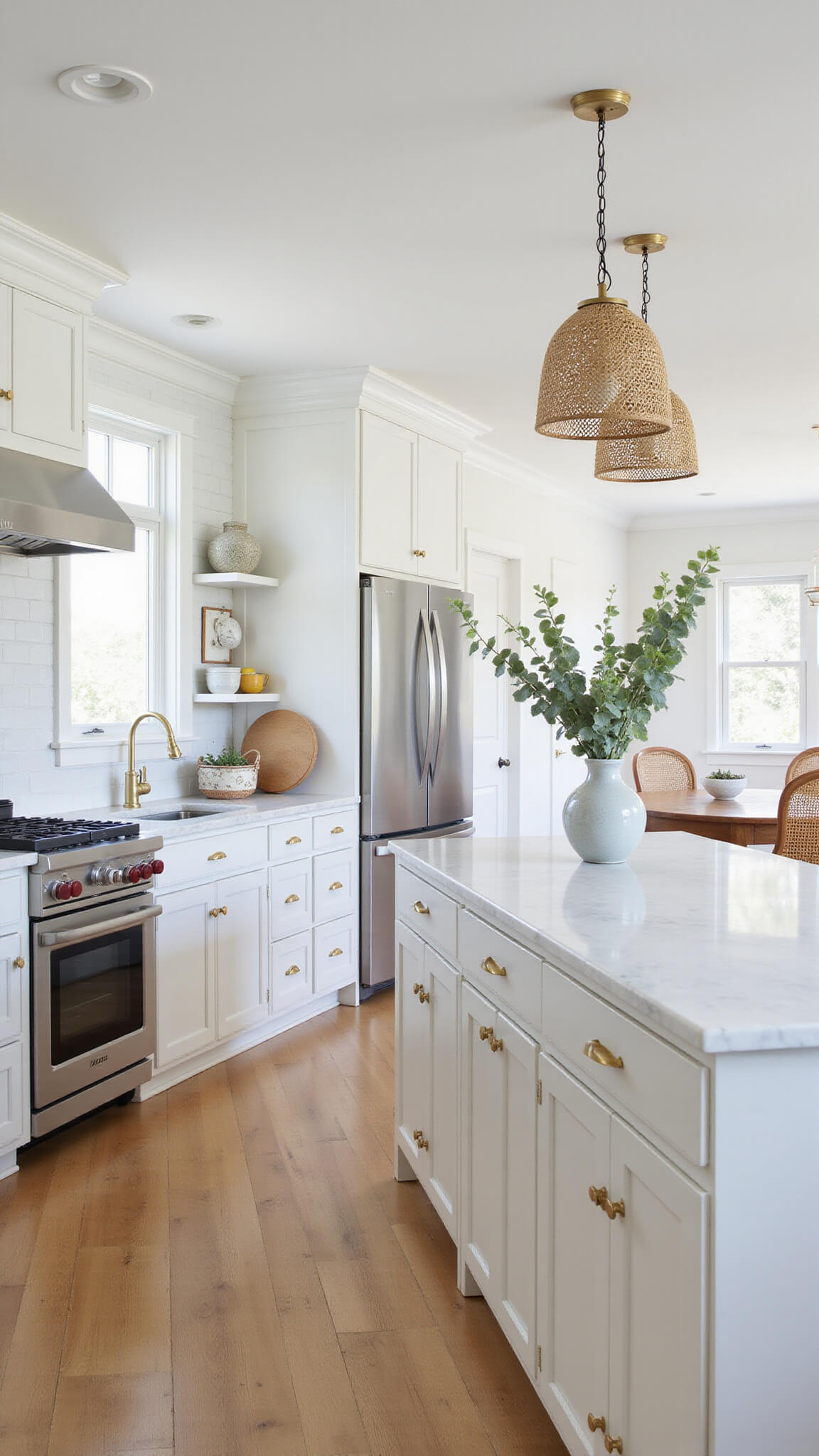 Bright, airy kitchen with white cabinets, marble countertops, large island, stainless appliances, and natural light from floor-to-ceiling windows.